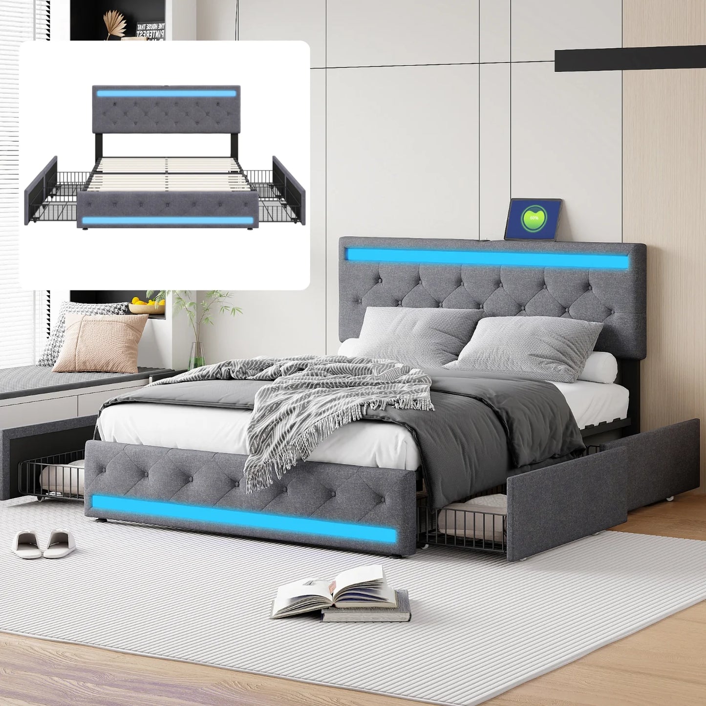Lit moderne gris avec LED bleue, rangement intégré et tête de lit capitonnée, design high-tech