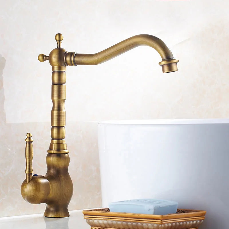 Robinet de lavabo moderne en laiton antique avec poignée en céramique, mitigeur de salle de bain, monté sur le pont, robinets d'eau chaude et froide de cuisine à 360 °, grue
