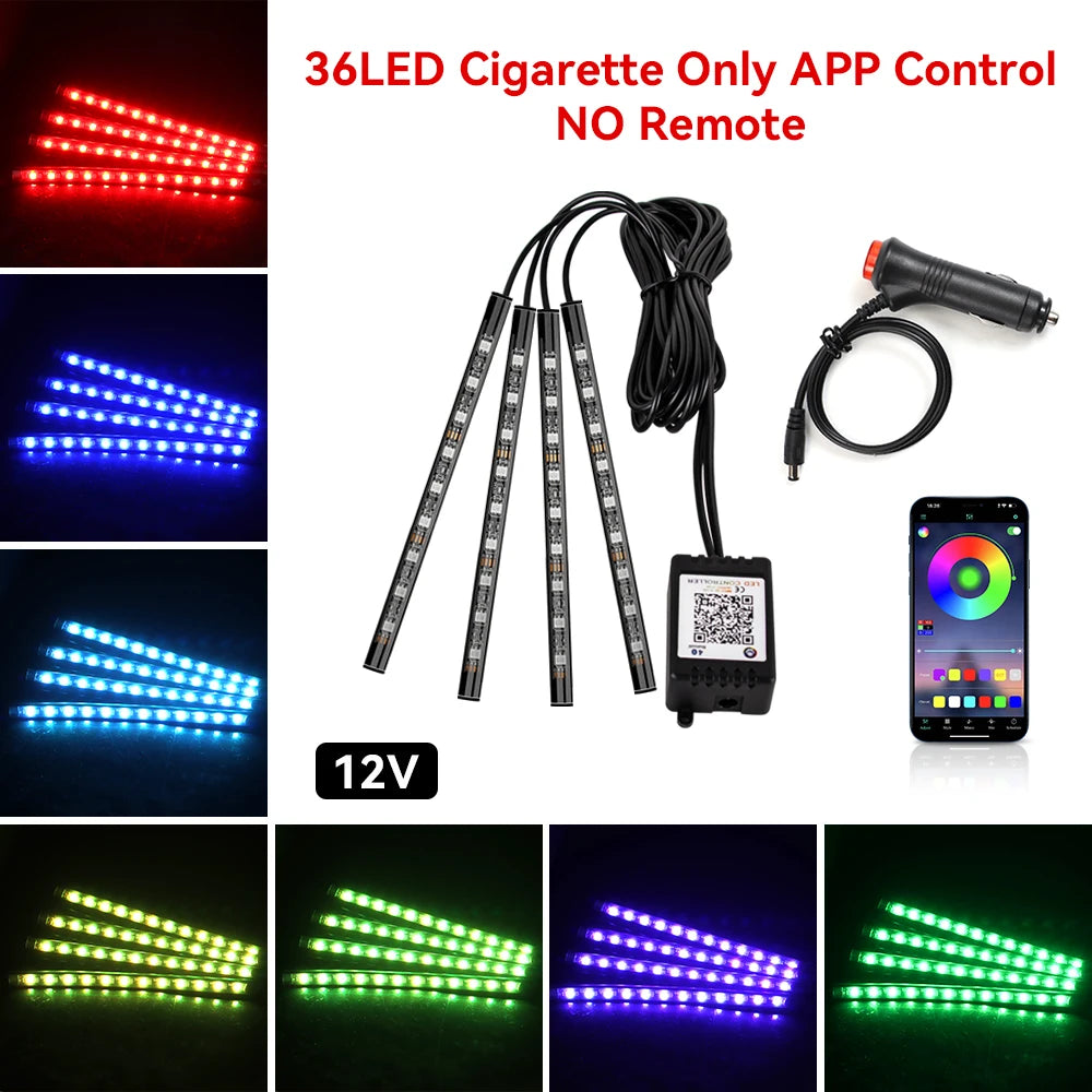 Kit de lumière d'ambiance pour intérieur de voiture, néon 36 48 72 LED, rétro-éclairage, application à distance, contrôle de la musique, lampe décorative d'ambiance RGB automatique