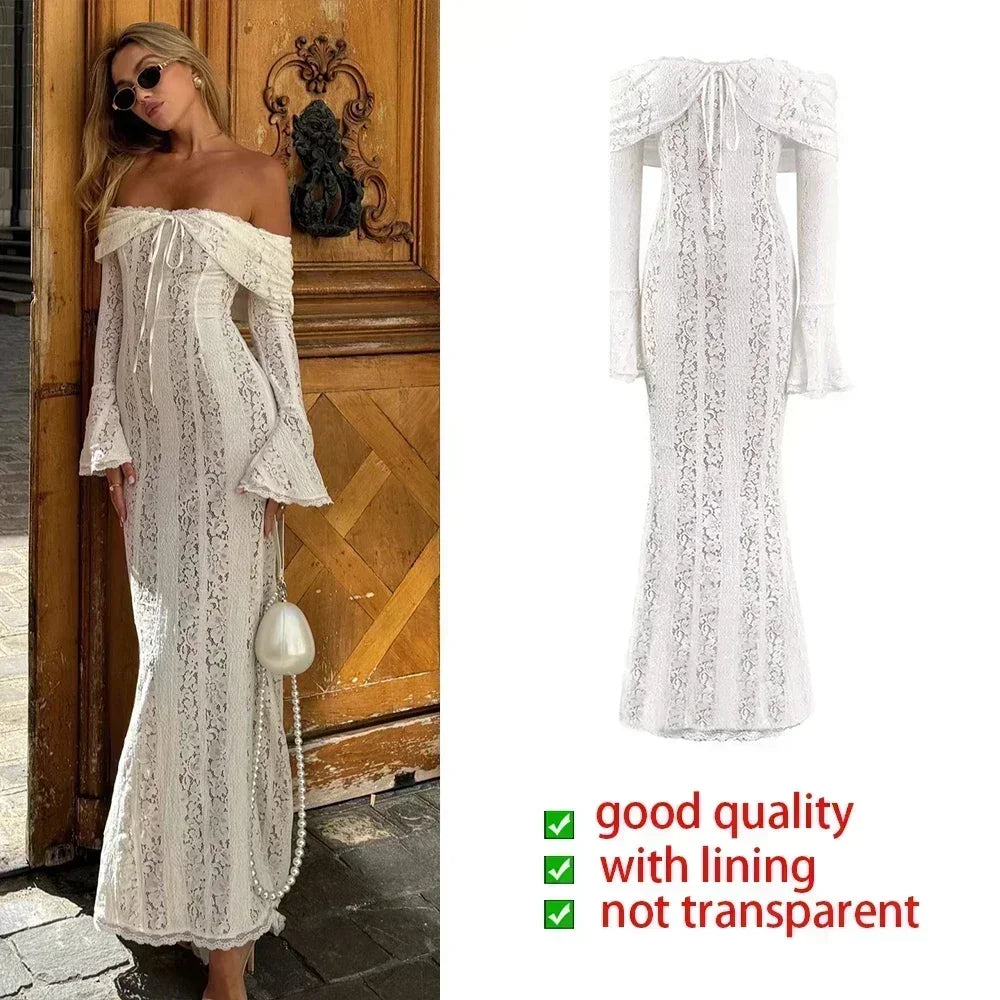 Suninheart Robe Longue Blanche Épaules Dénudées pour Événements - Robe de Soirée Rouge Manches Longues en Dentelle Élégante 2025 - Robe de Mariage Luxueuse, Robe de Bal pour Femmes