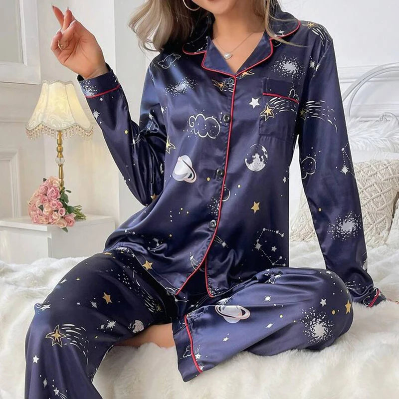 Femmes Satin Pyjama décontracté vêtements de nuit maison vêtements costume automne à manches longues boutonné haut et pantalon vêtements de nuit vêtements de détente Pyjama Femme