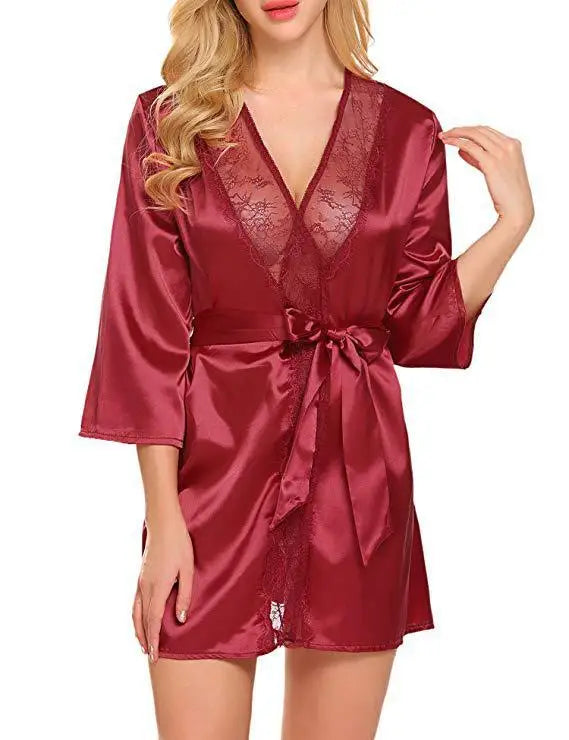 Robe de Nuit Sexy en Satin et Dentelle pour Femme, Chemise Courte, Kimono, Peignoir, Lingerie, Douce, Confortable, Noire, Grande Taille