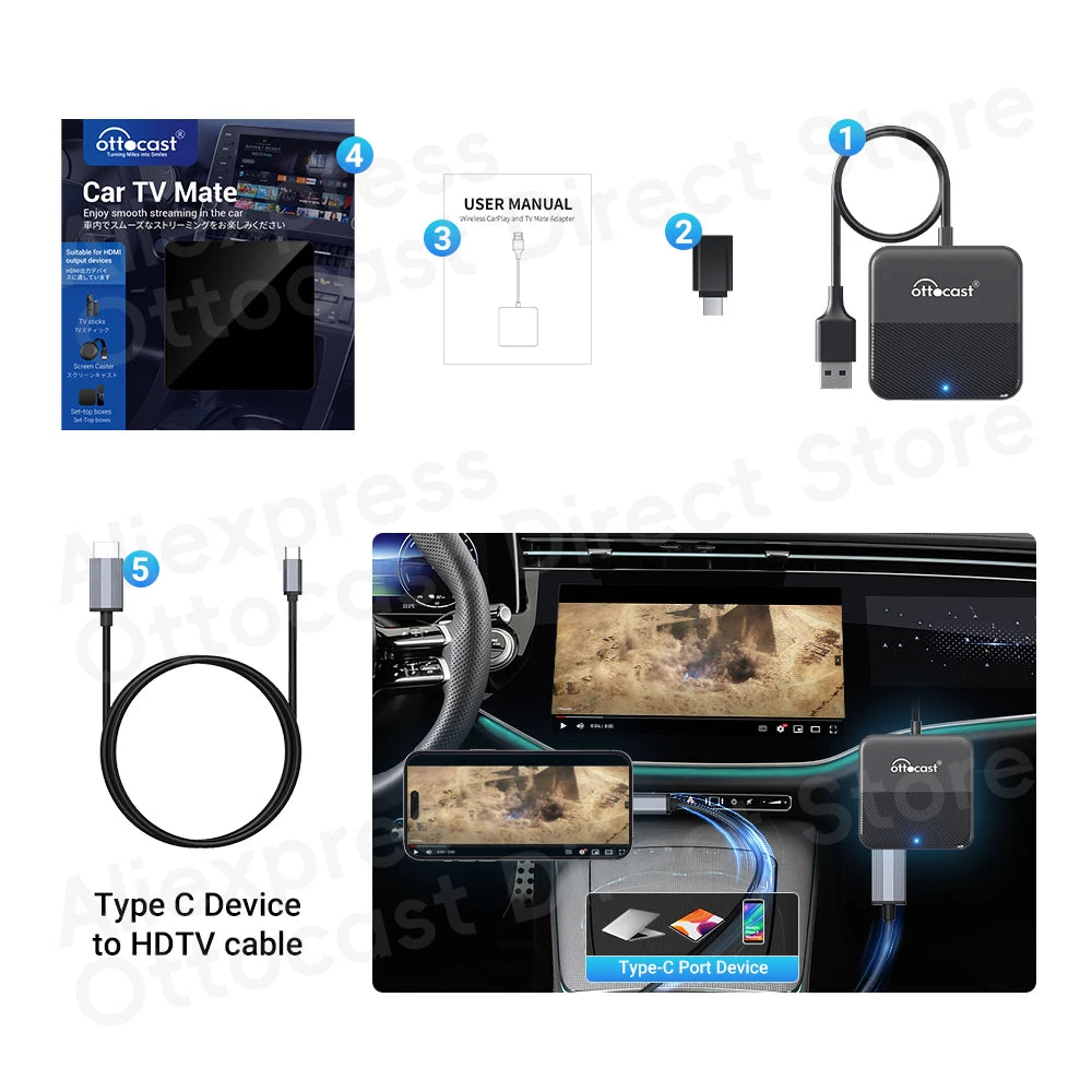 Ottocast voiture TV Mate Max Express 4 en 1 sans fil CarPlay Android Auto filaire DisplayPort dispositif écran miroir TV bâton pour voiture