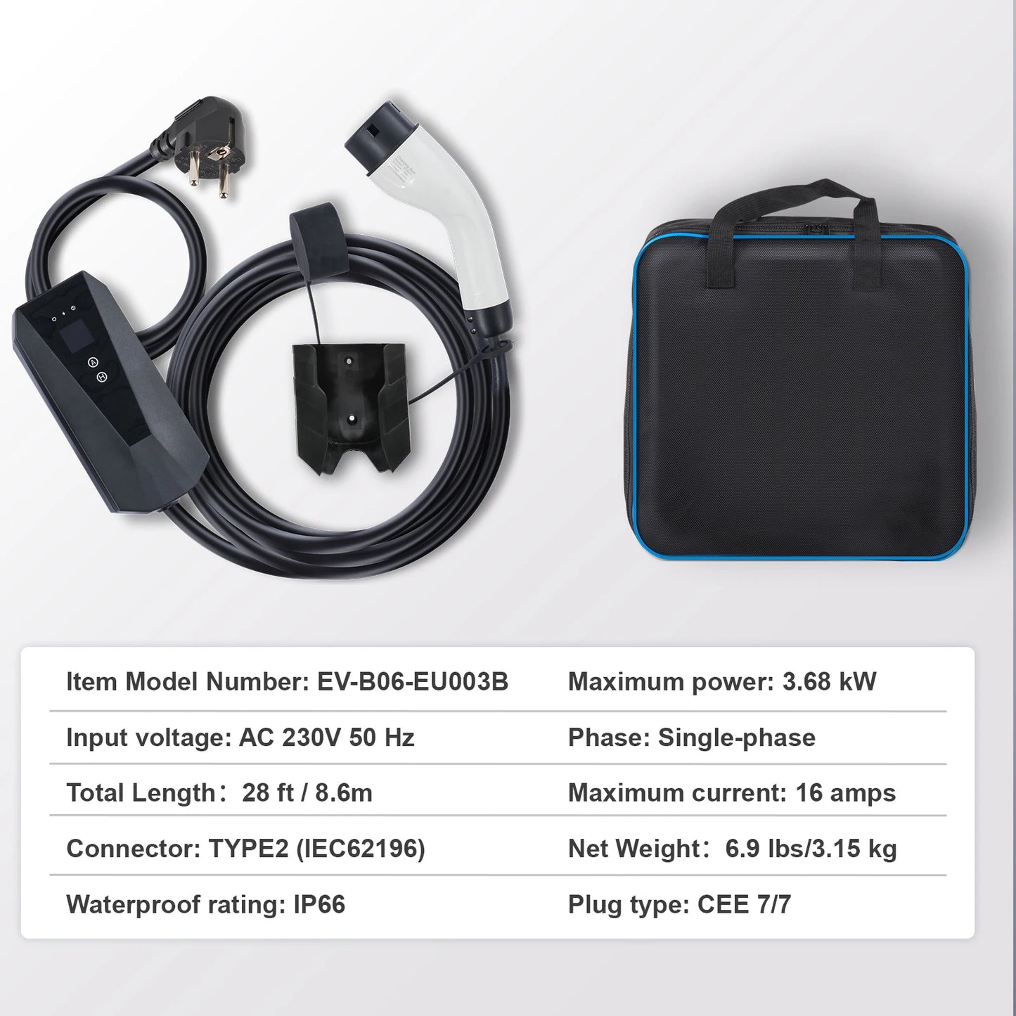 Chargeur EV Type 2 3.68 kW avec câble 8.6m, étanche IP66, sac de transport inclus pour voiture électrique