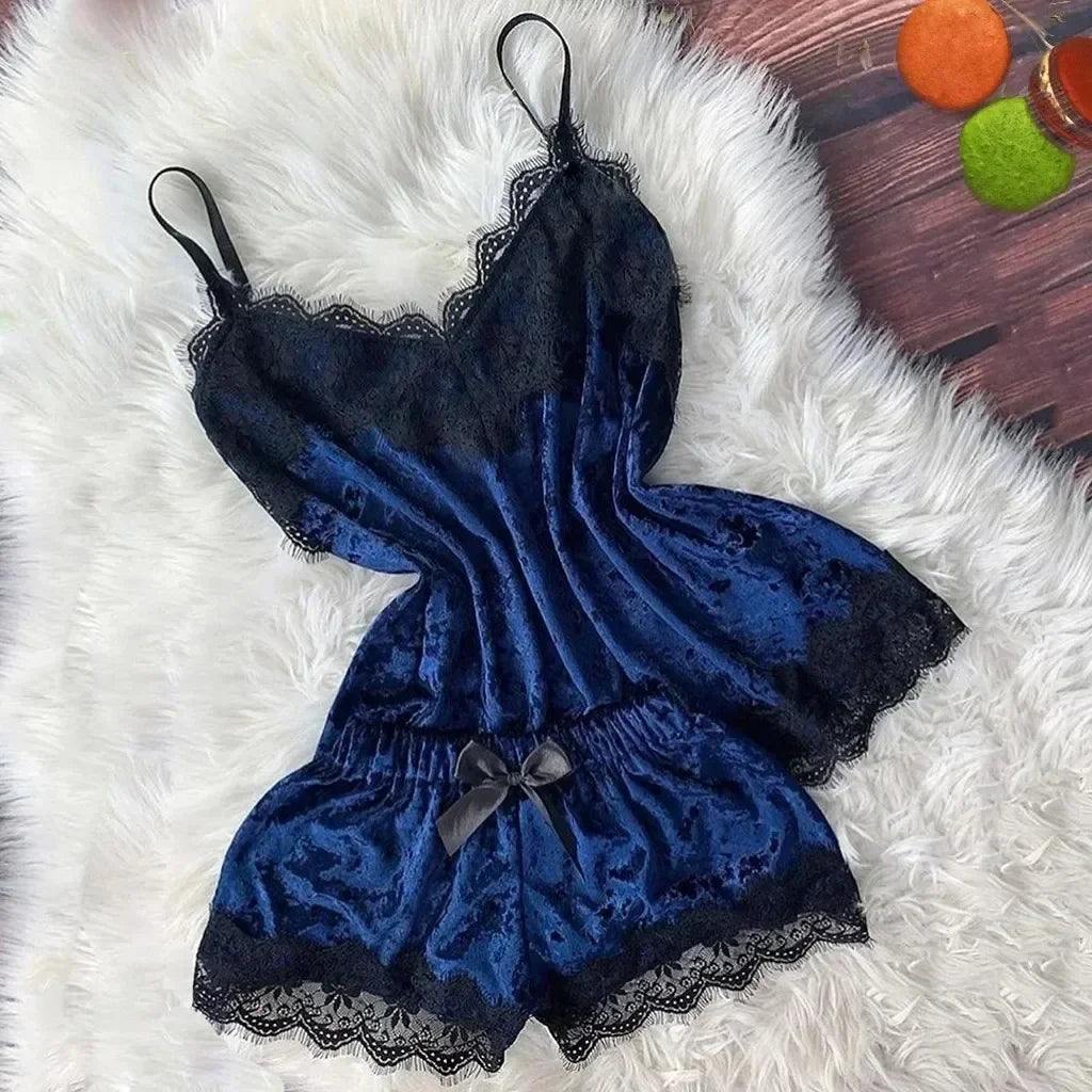 Été déshabillé en dentelle Sexy Satin pyjamas ensemble femmes chemise de nuit 2 pièces haut court et ensemble short et haut Homewear vêtements de détente