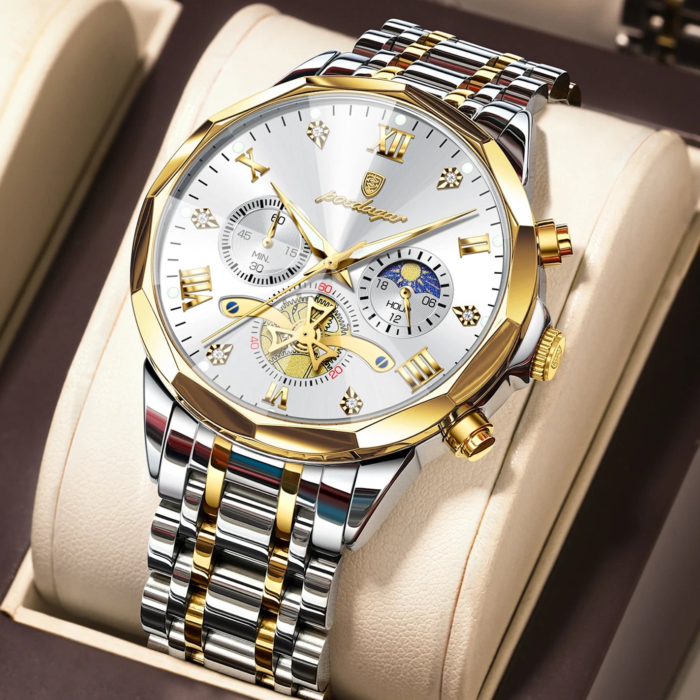 POEDAGAR Montre de luxe pour homme, étanche, chronographe lumineux, montre sport pour homme, acier inoxydable, montre à quartz tendance pour homme, Reloj