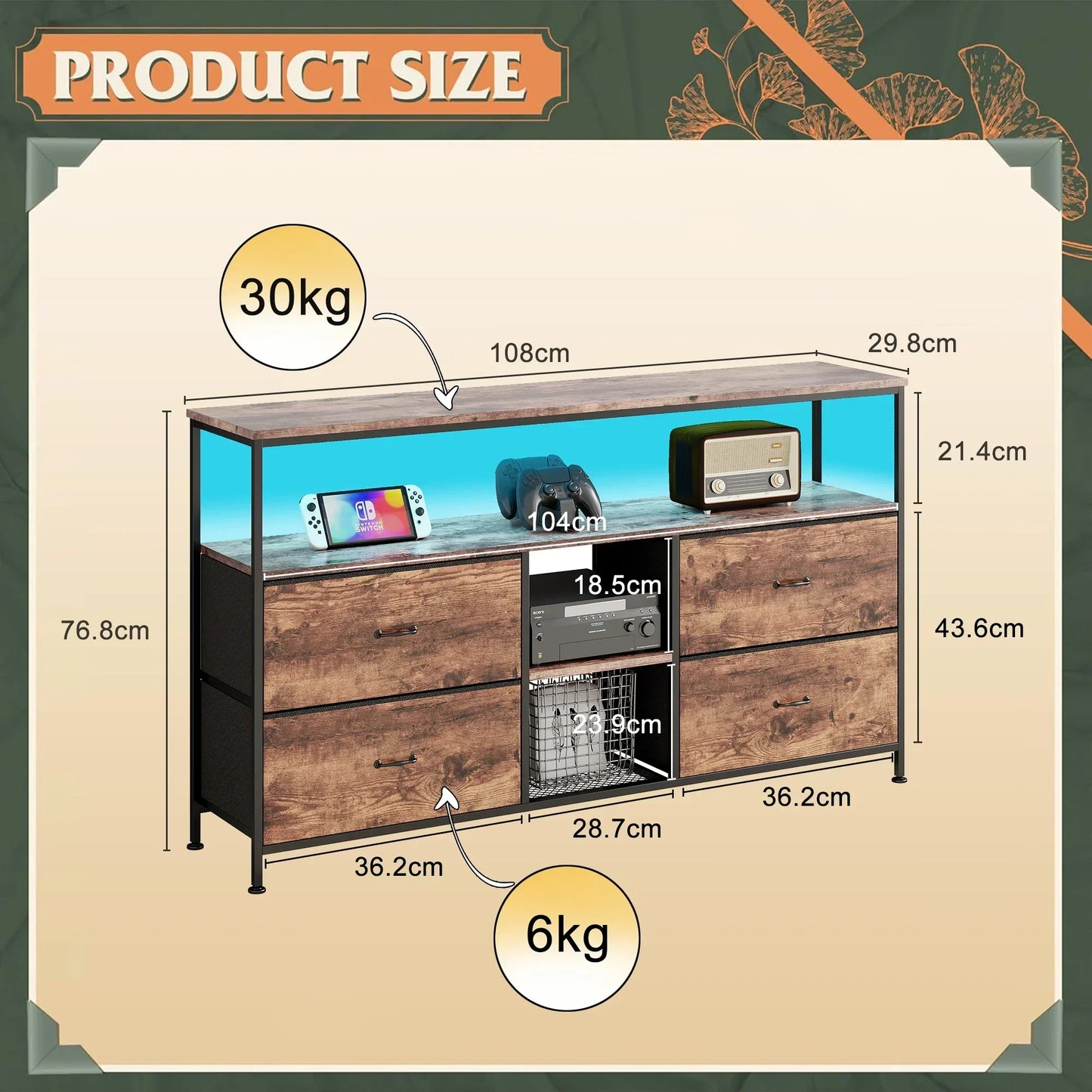 Rosahqnda Meuble TV avec 4 tiroirs, meuble TV, étagères réglables, table TV, meuble TV meuble de salon