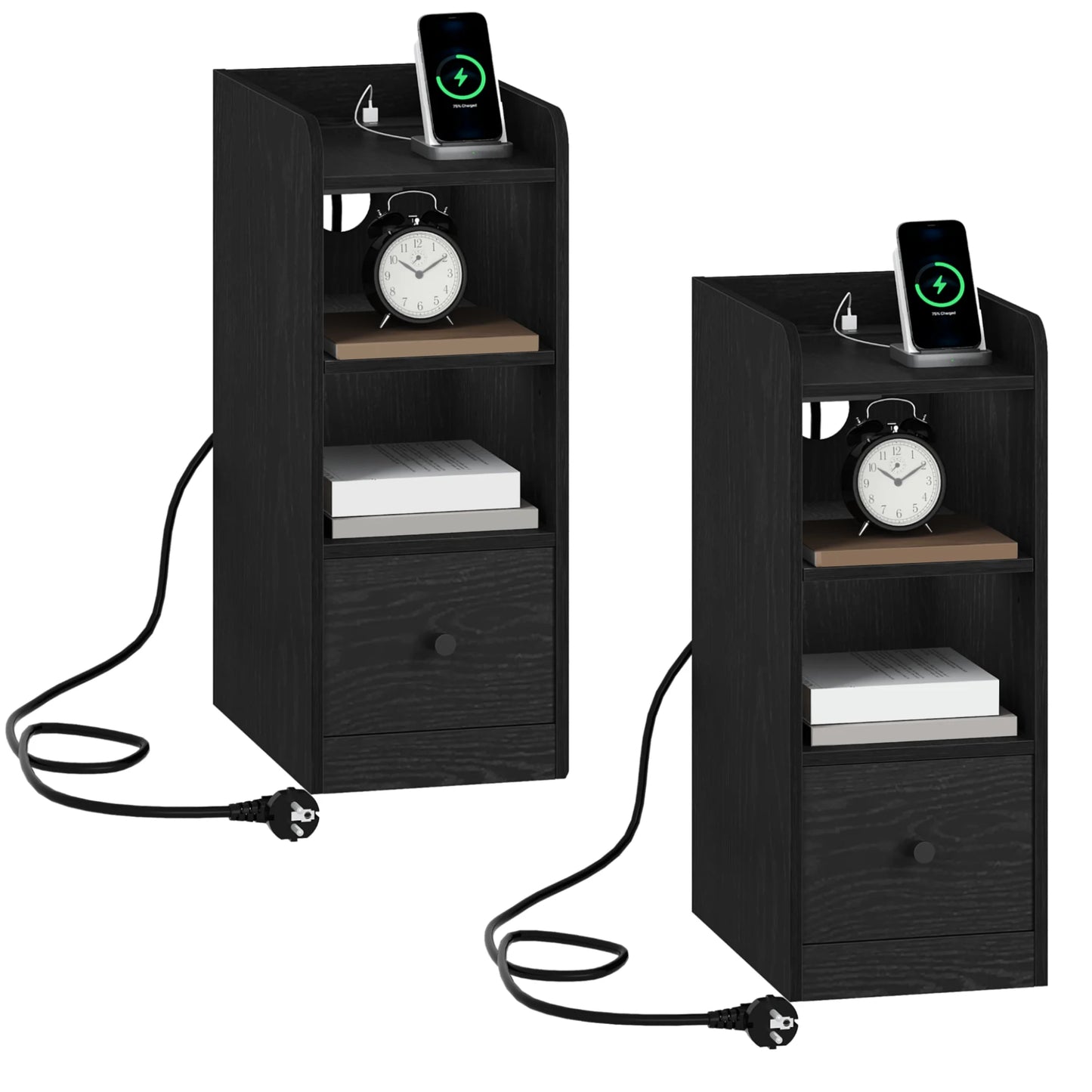 Ensemble de 2 tables de chevet, avec station de charge, connexion USB et Type C, 3 niveaux de rangement avec 1 tiroir, noir