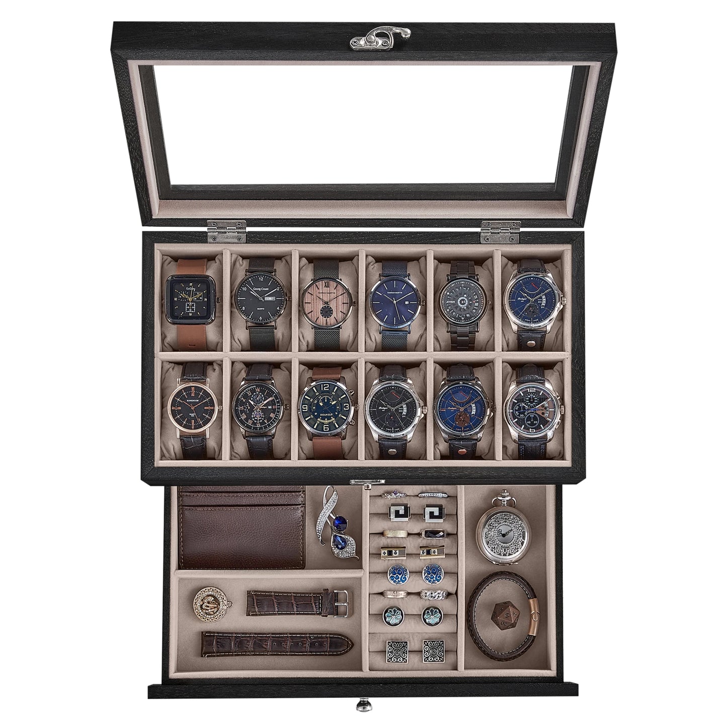 Boîte de rangement en bois pour 12 montres avec tiroir à accessoires et vitrine