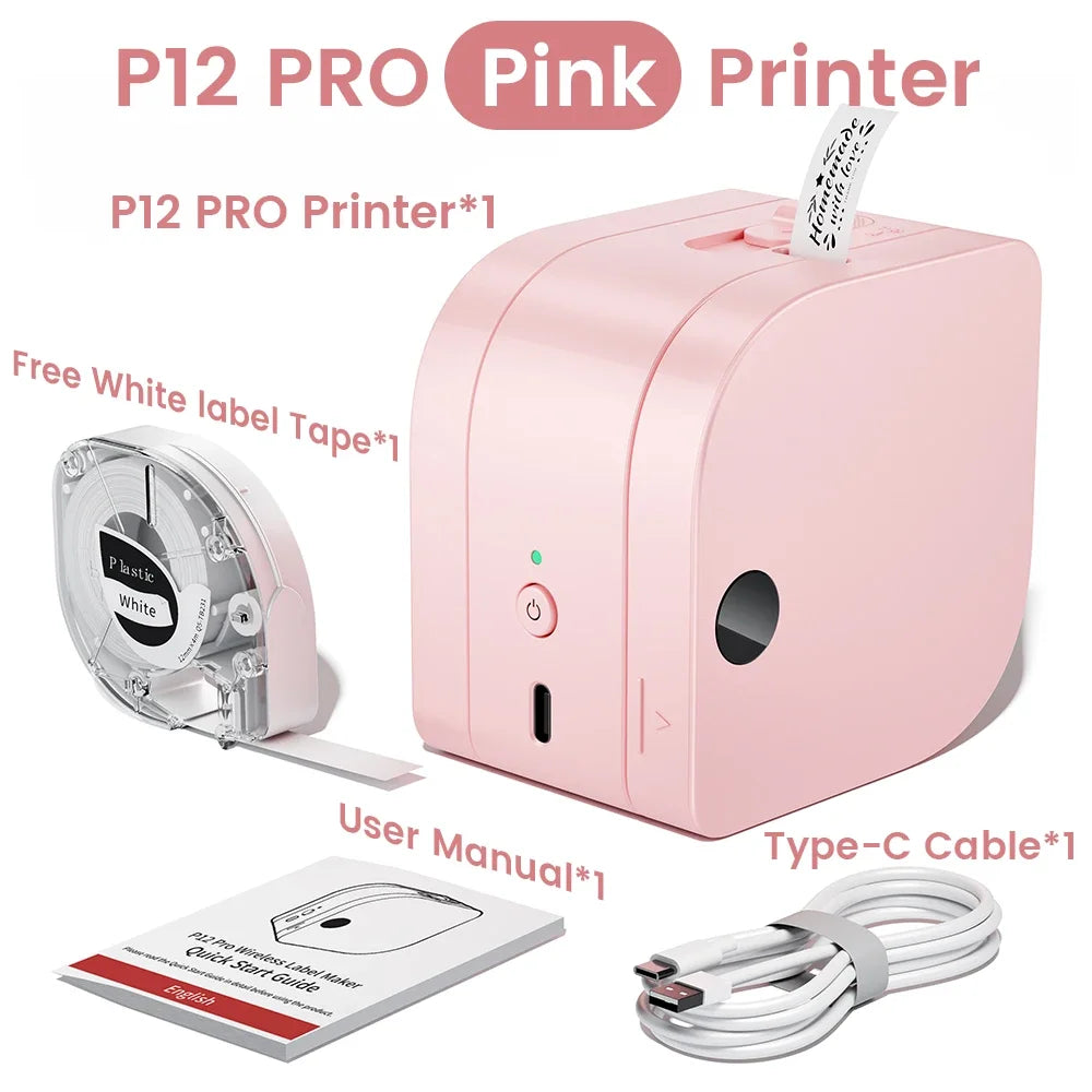 Imprimante étiquettes P12 PRO rose, ruban blanc, câble USB-C et manuel inclus, gadget high-tech pratique