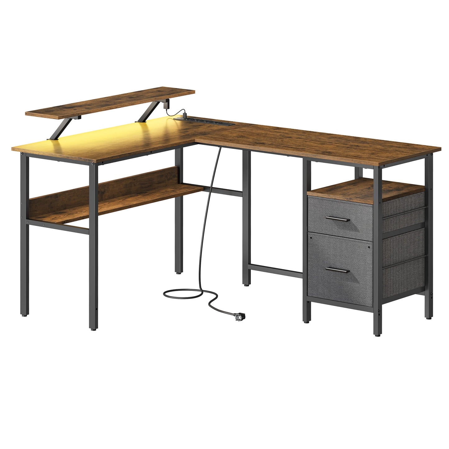 Bureau d'angle en bois et métal avec étagère, tiroirs et prise USB, idéal pour espace de travail ou gaming