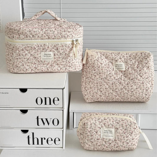 Sac de Rangement Matelassé Grande Capacité pour Maquillage, Pochette Cosmétique Vintage à Imprimé Floral pour Femme, Sac de Voyage Organisateur