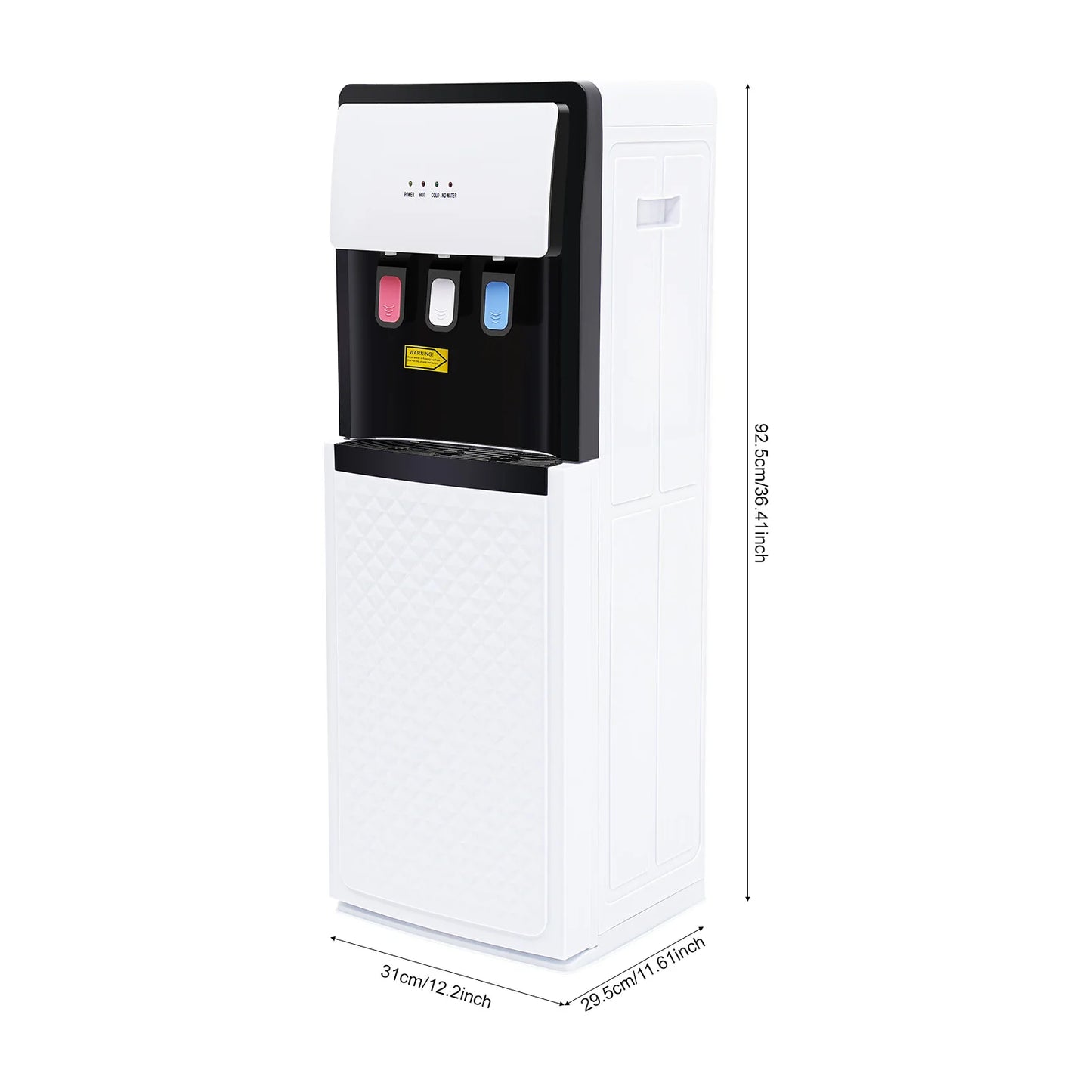 Distributeur d'eau chaud/froid avec robinets colorés, design compact et dimensions indiquées