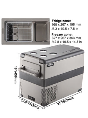Congélateur portable 12V/24V avec compartiment réfrigéré et congélateur, dimensions précises, idéal pour camping ou voiture