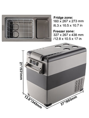 Congélateur portable 2 zones avec dimensions précises, idéal pour voyages et camping