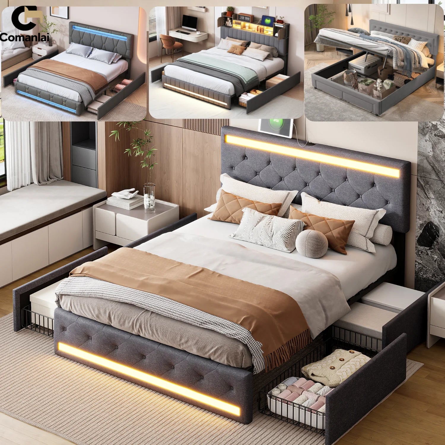 Lit moderne avec éclairage LED et tiroirs de rangement intégrés, design contemporain pour chambre à coucher