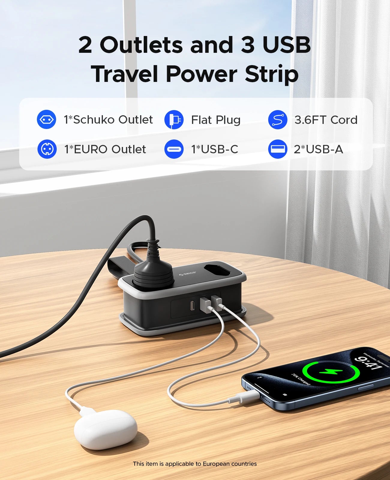 Power strip voyage avec 2 prises et 3 ports USB, chargeur portable pour Europe, idéal pour smartphone et écouteurs