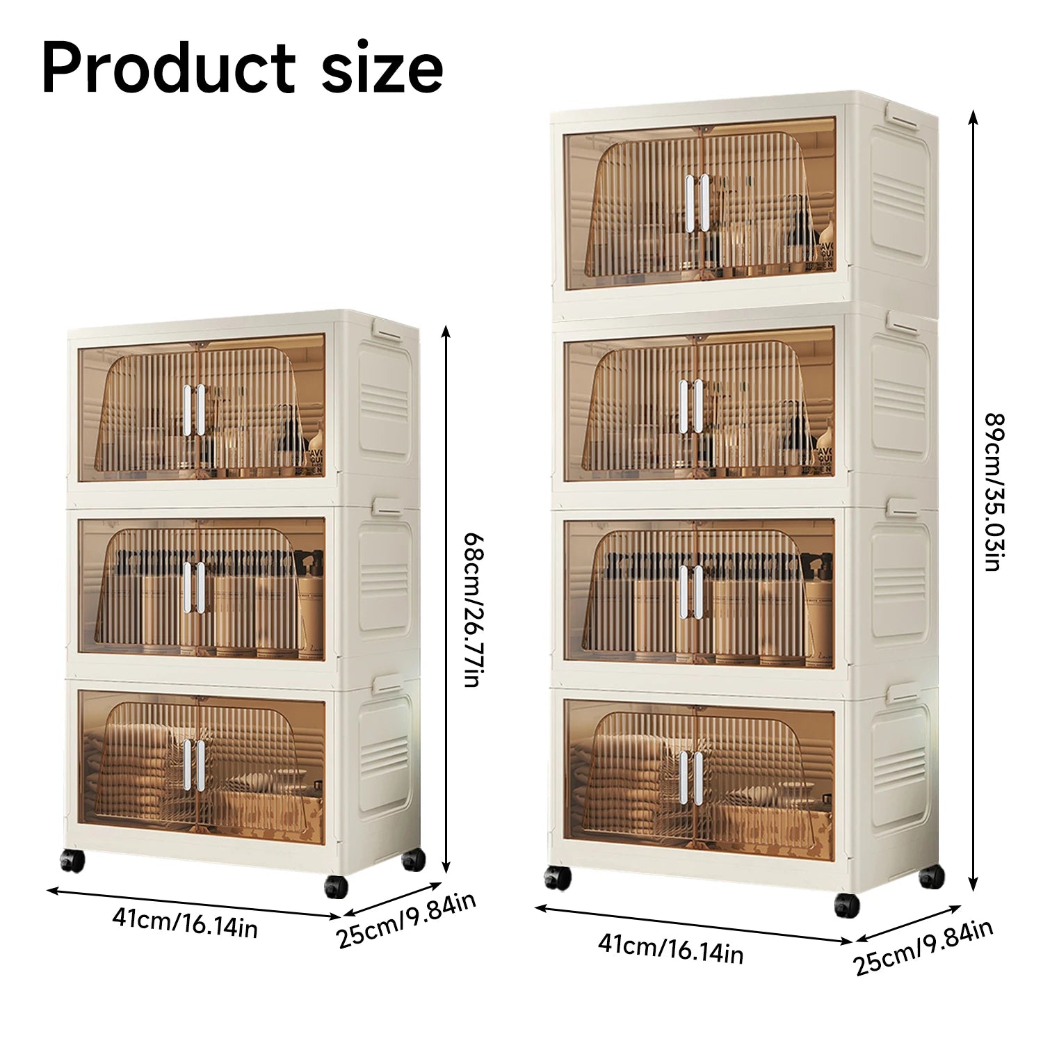Armoire de rangement modulaire avec portes transparentes, dimensions 41x25x68cm et 89cm, idéale pour organisation maison