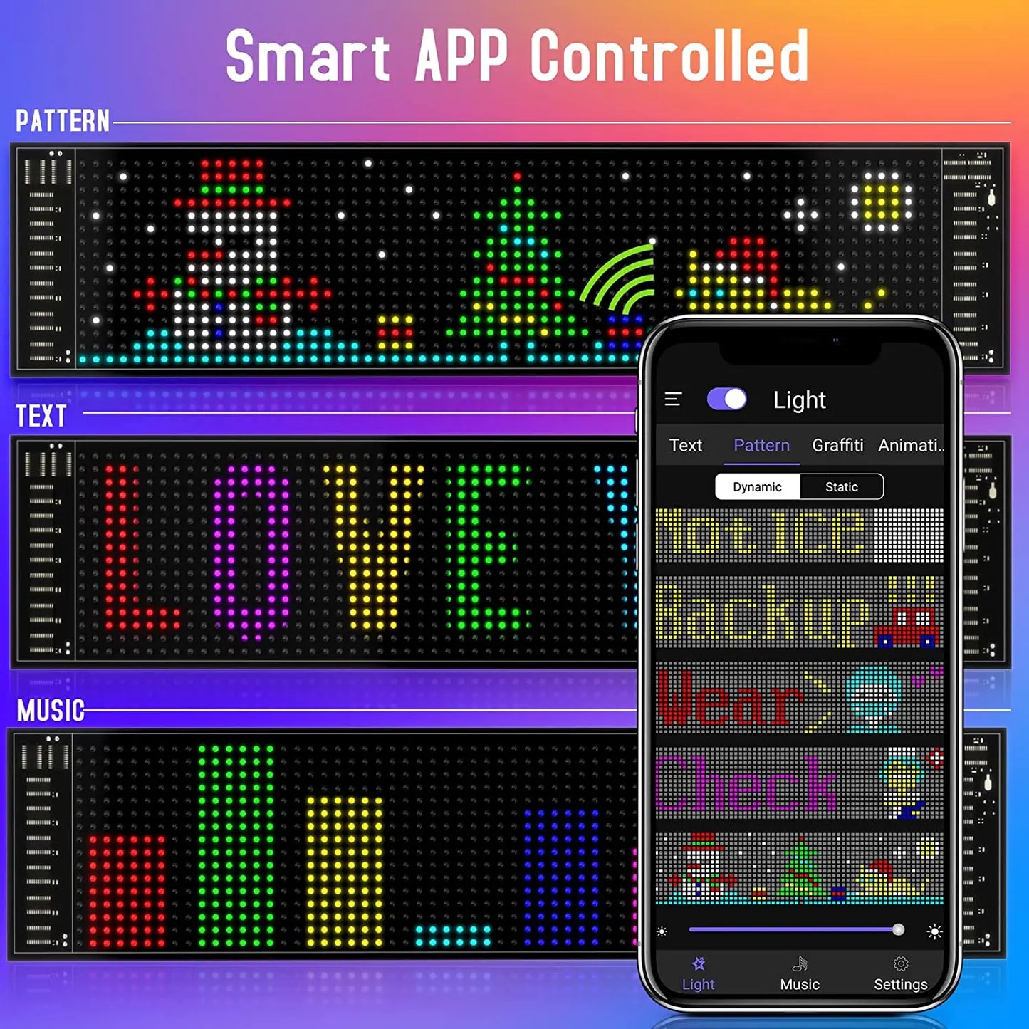 Panneau LED RGB contrôlé par appli, affichage texte, motifs et musique synchronisée