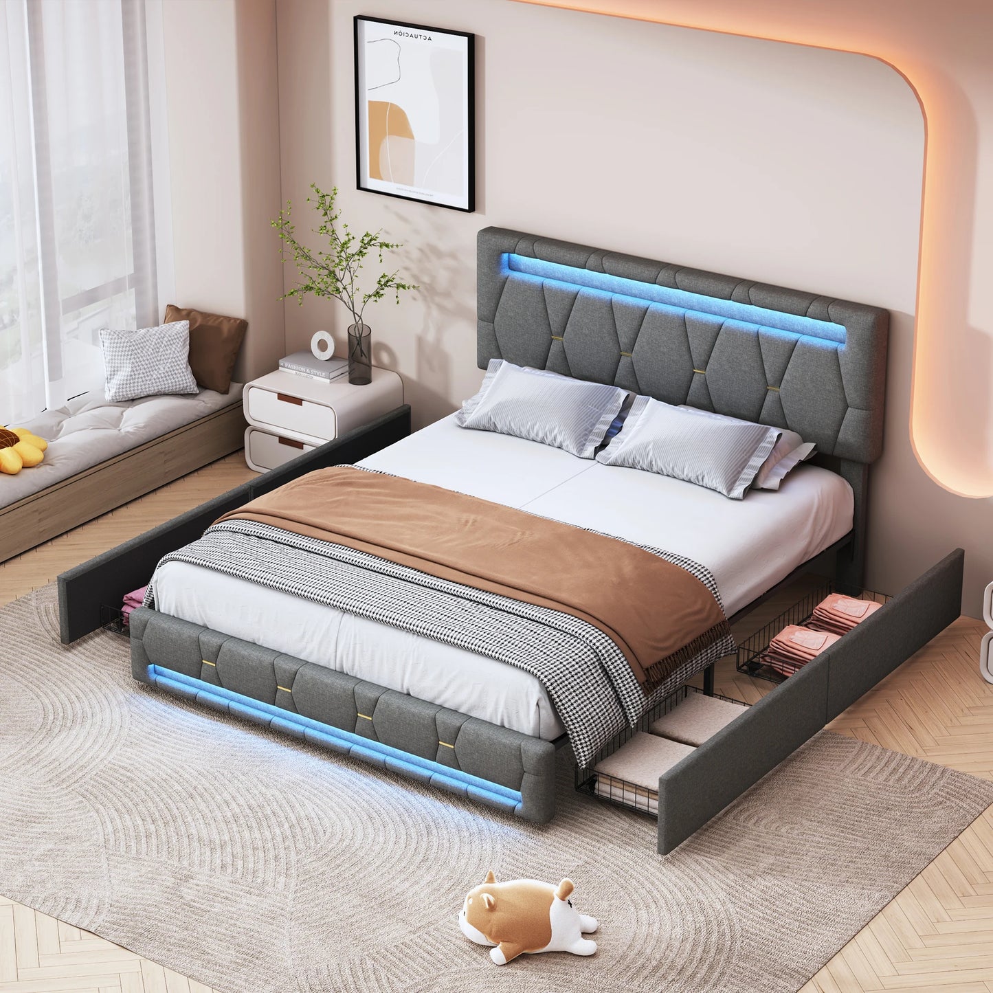 Lit moderne avec LED bleue, tête de lit capitonnée et rangements intégrés, design contemporain pour chambre à coucher