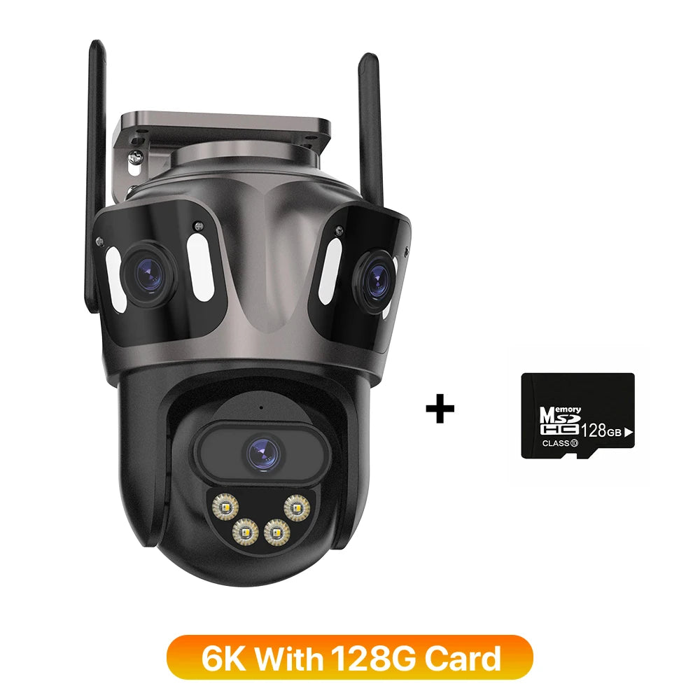 Caméra de surveillance 6K avec carte mémoire 128 Go, double objectif et antennes Wi-Fi pour sécurité domestique