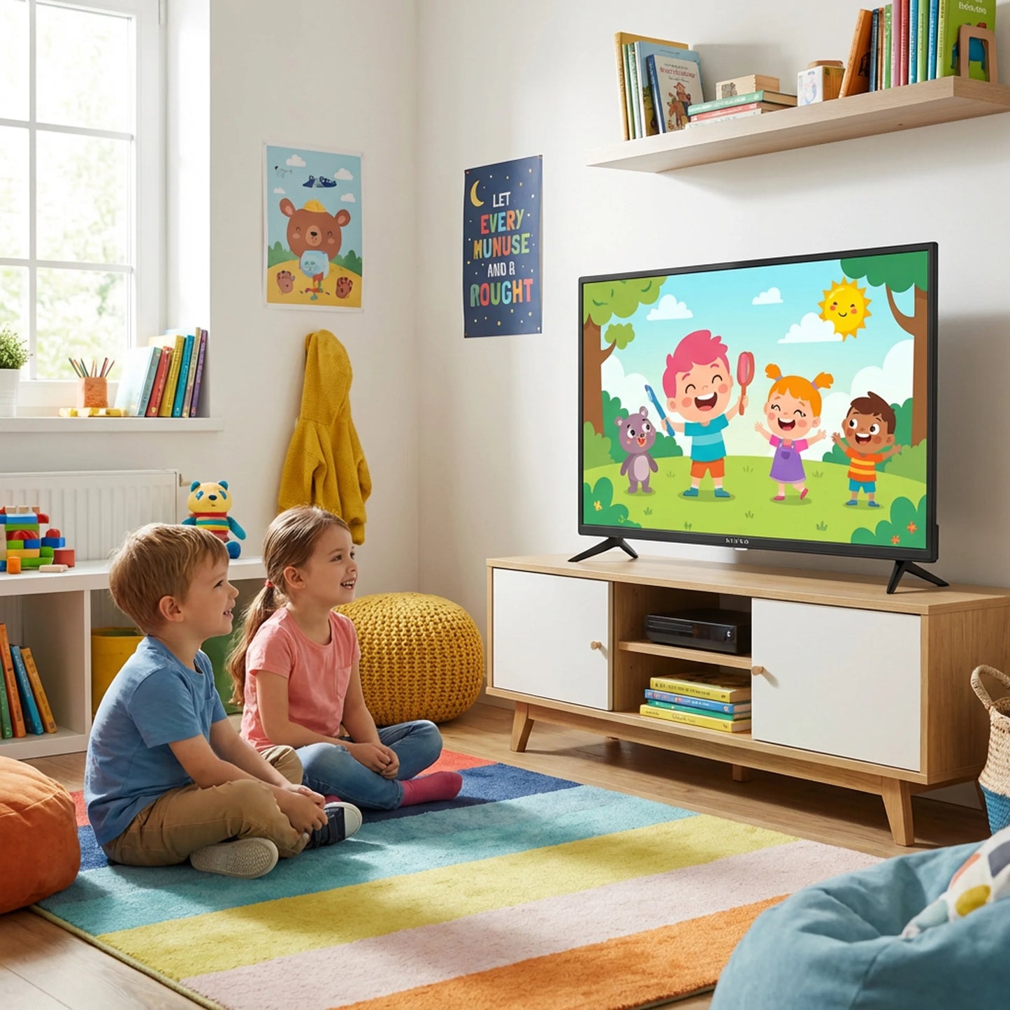 Enfants regardant une TV intelligente dans une chambre colorée, idéale pour divertissement familial et éducatif