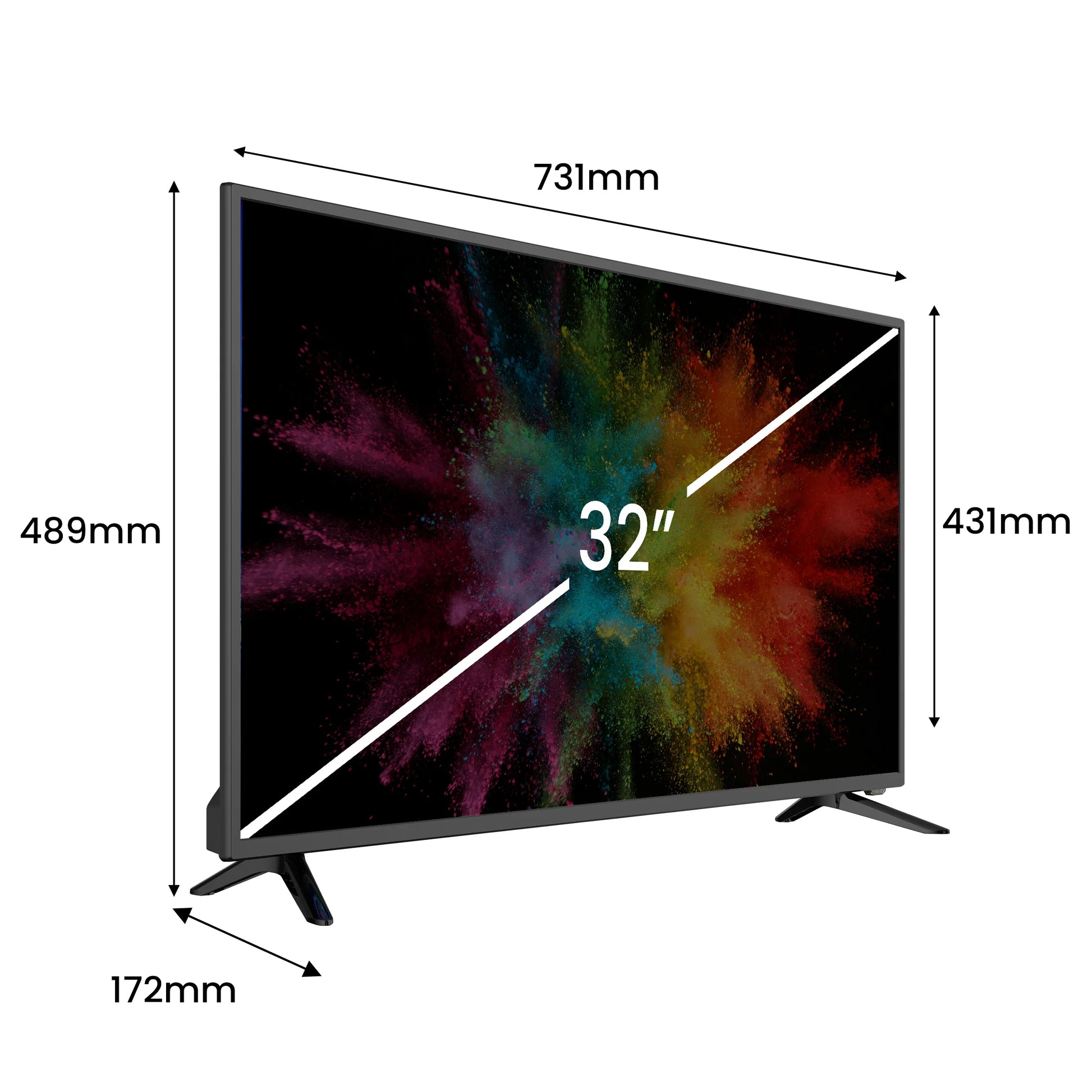 Téléviseur LED 32 pouces avec écran couleur vif, dimensions détaillées pour un choix précis