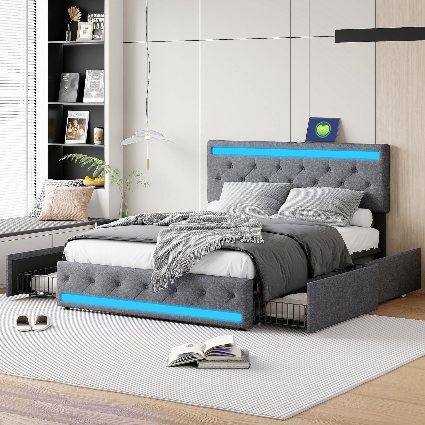 Lit design gris avec LED bleue et rangements intégrés, style moderne pour chambre contemporaine