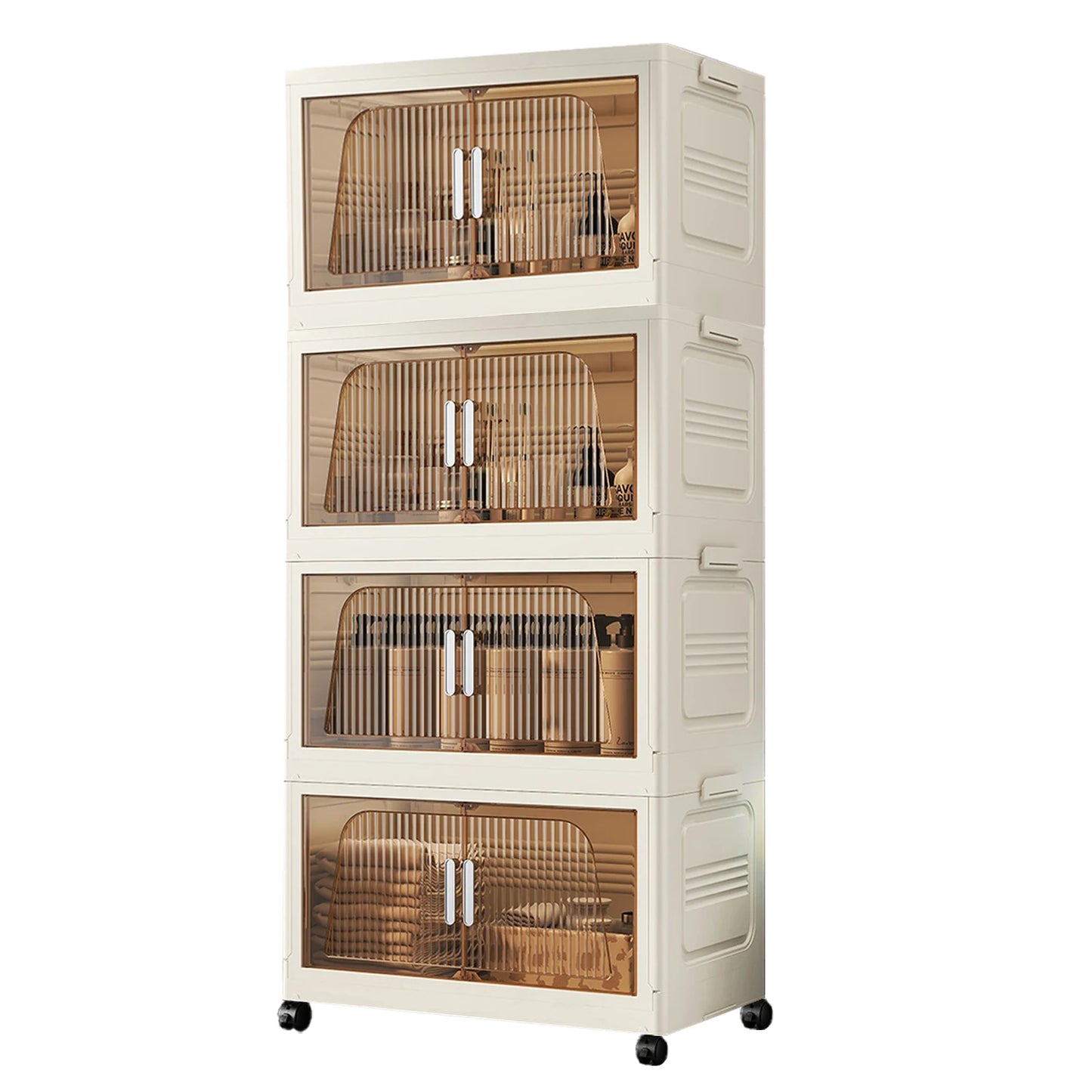 Armoire de rangement en plastique avec 4 compartiments, portes transparentes et roulettes pour facile déplacement