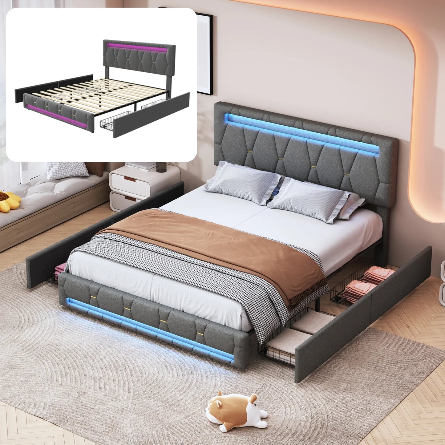 Lit design avec LED et rangements intégrés, tête de lit capitonnée, cadre moderne pour chambre à coucher