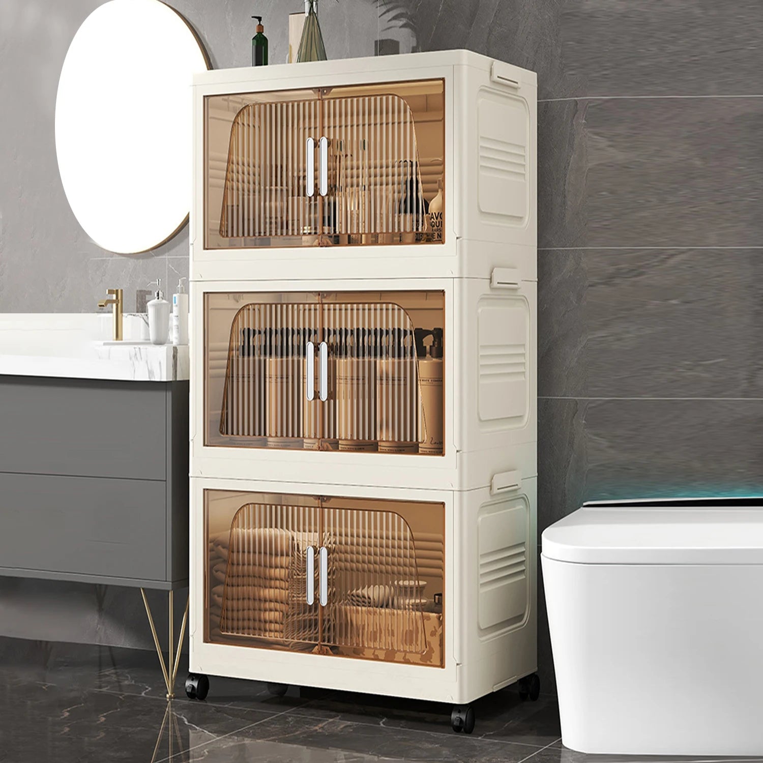 Meuble de rangement salle de bain 3 niveaux avec portes translucides et roulettes, idéal pour cosmétiques et serviettes