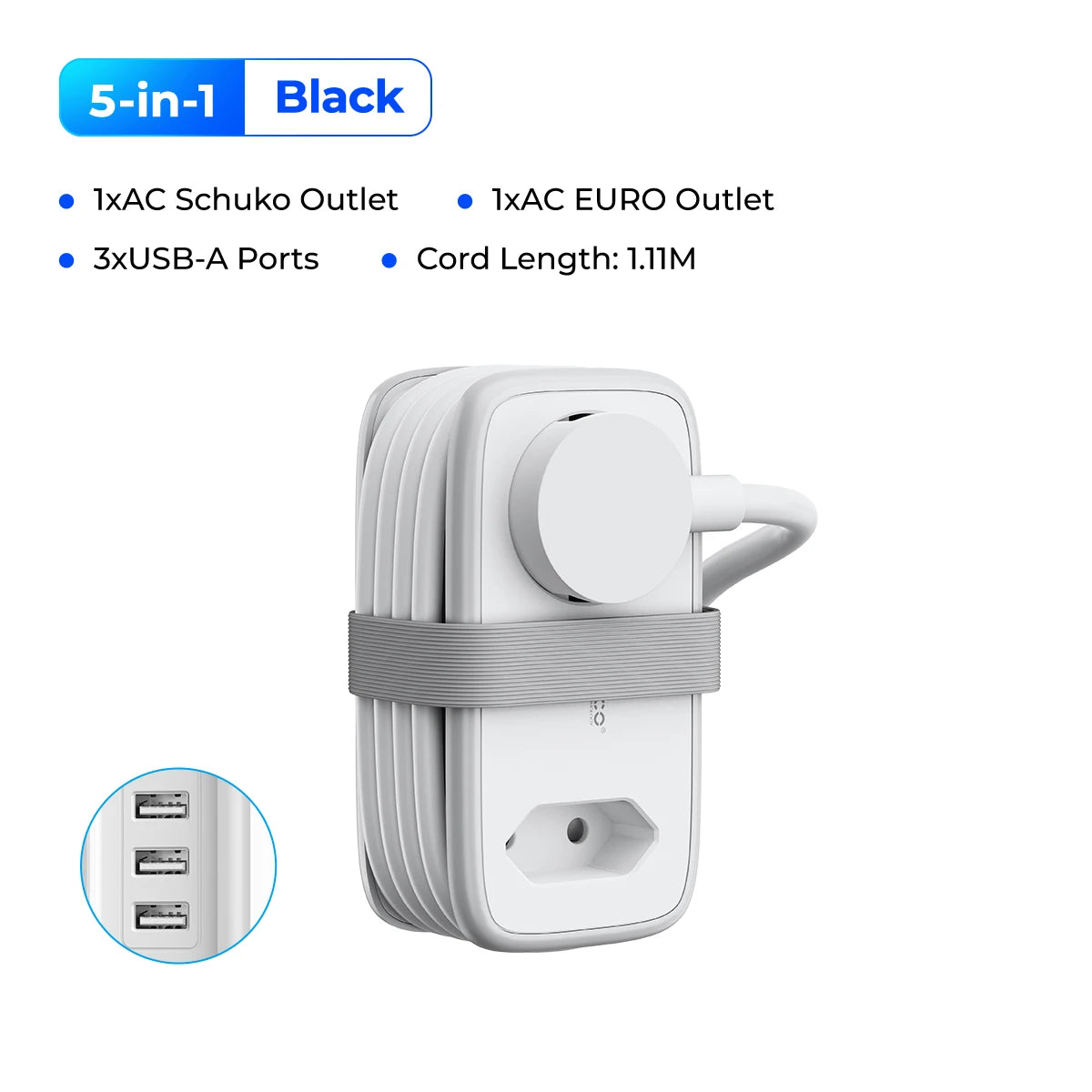 Multiprise 5-en-1 blanche avec 3 ports USB-A, prise Schuko et EURO, câble 1.11m