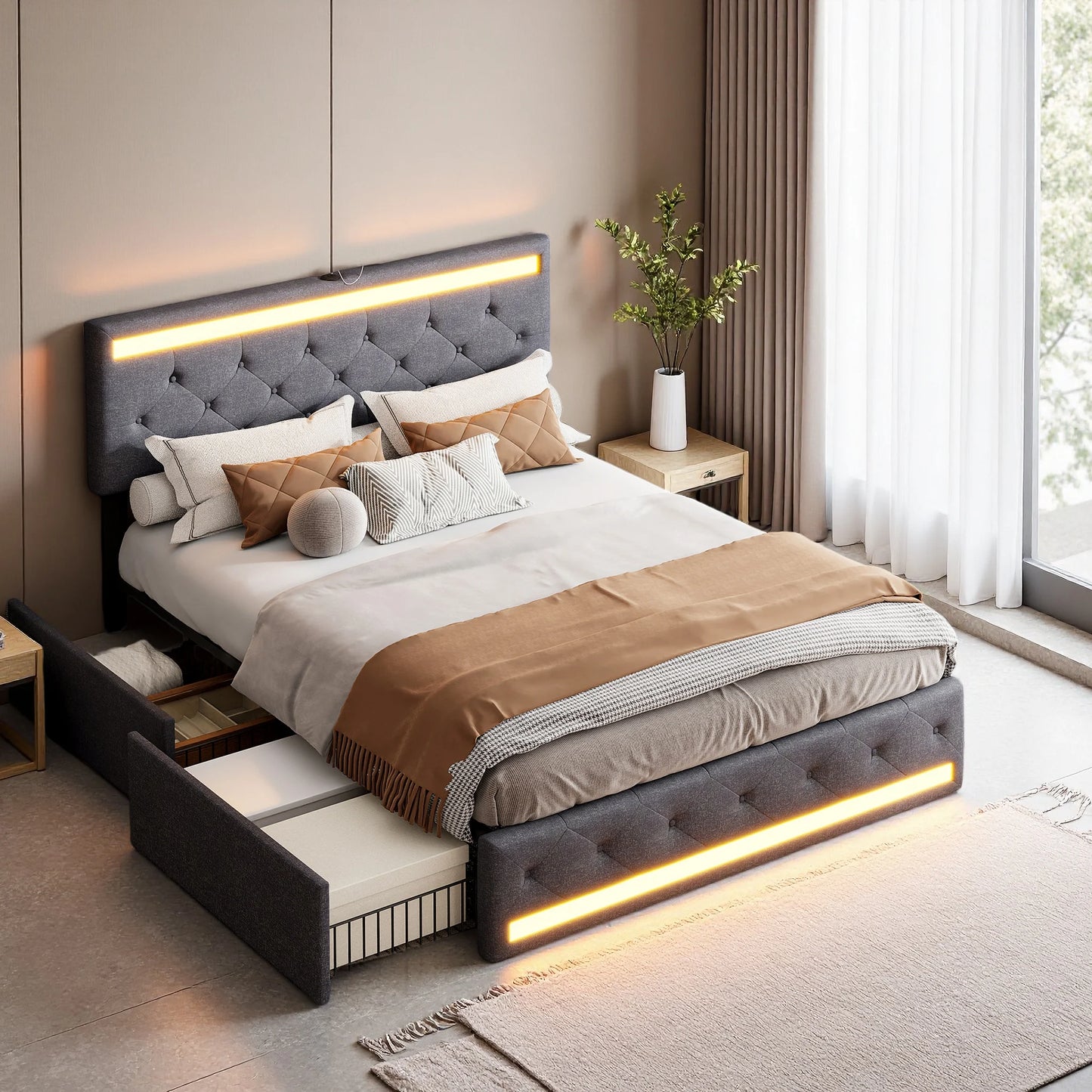Lit design gris avec LED intégrées et tiroirs de rangement, ambiance chaleureuse et moderne