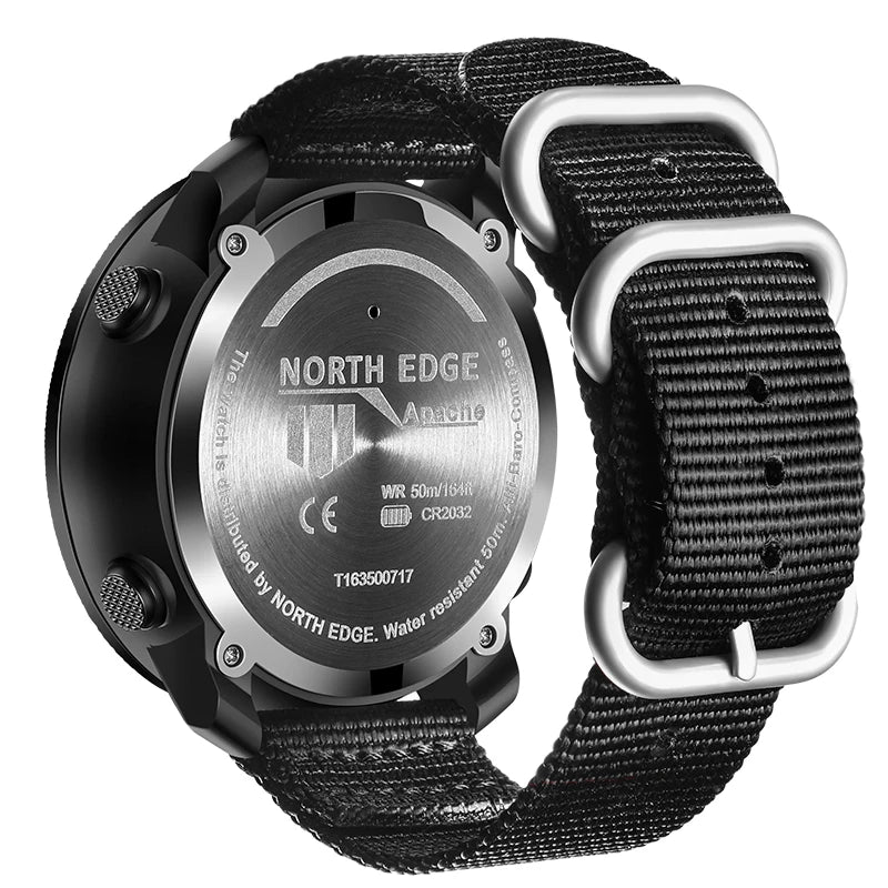 Montre connectée North Edge Apache étanche 50m, bracelet nylon noir, boîtier métal, capteurs sportifs