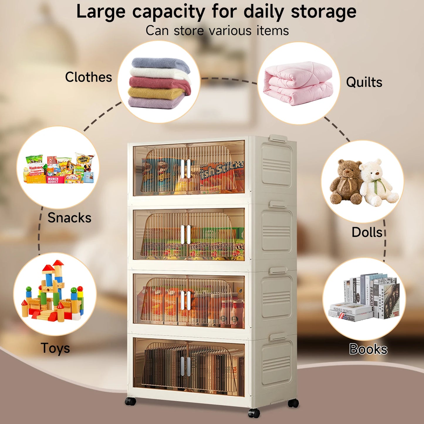 Armoire de rangement à 4 niveaux avec portes transparentes, idéale pour vêtements, jouets, livres et snacks