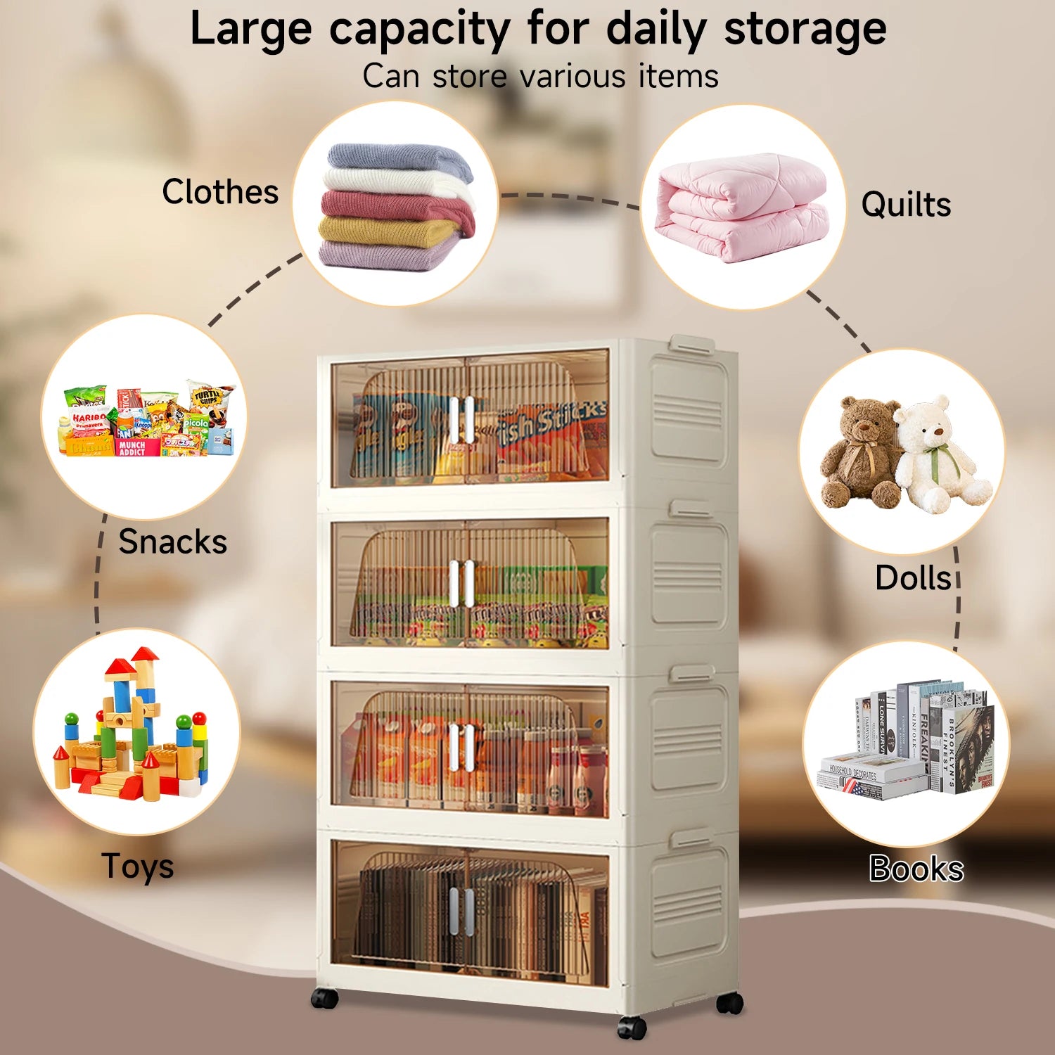 Armoire de rangement à 4 niveaux avec portes transparentes, idéale pour vêtements, jouets, livres et snacks