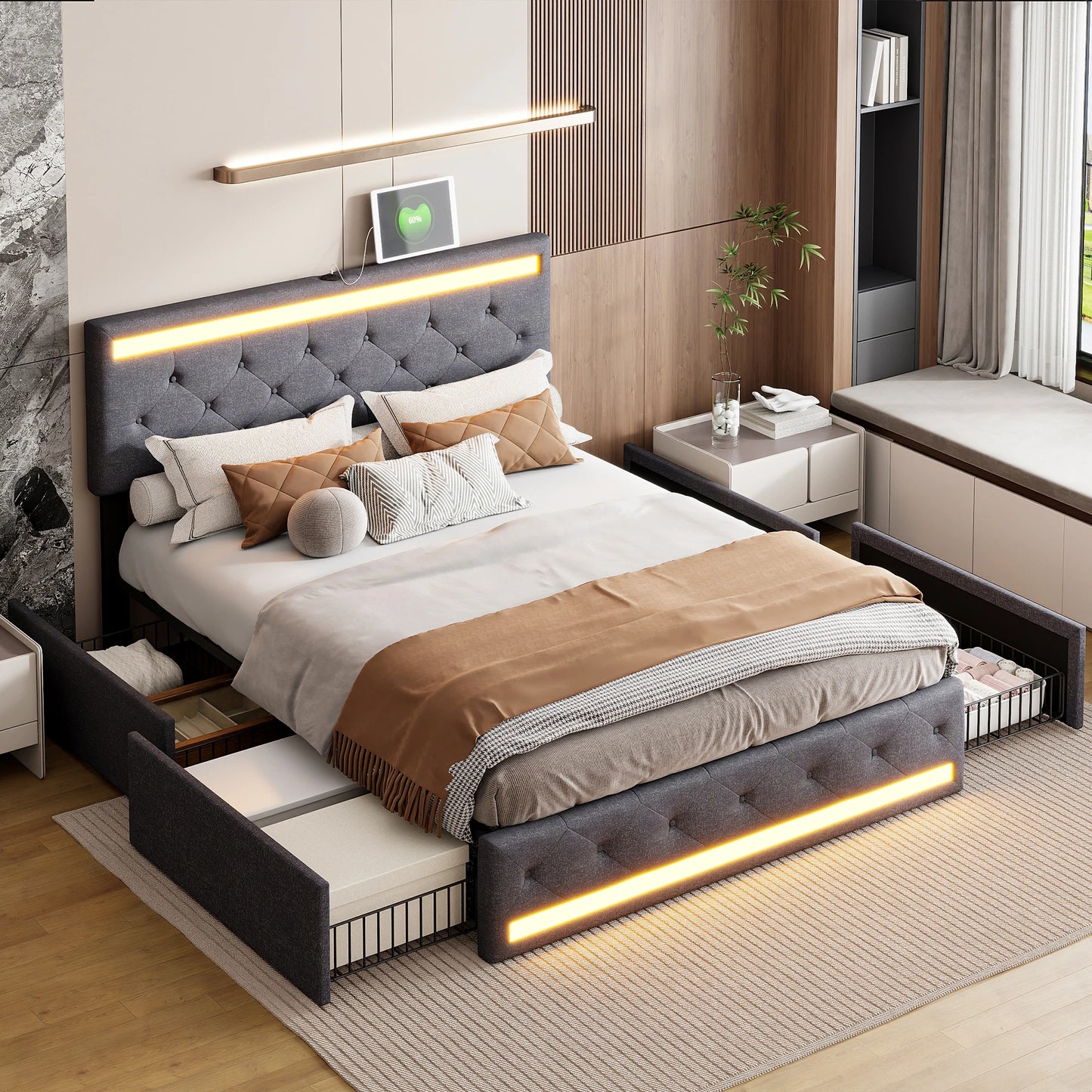Lit moderne avec éclairage LED intégré et tiroirs de rangement, design contemporain pour chambre à coucher