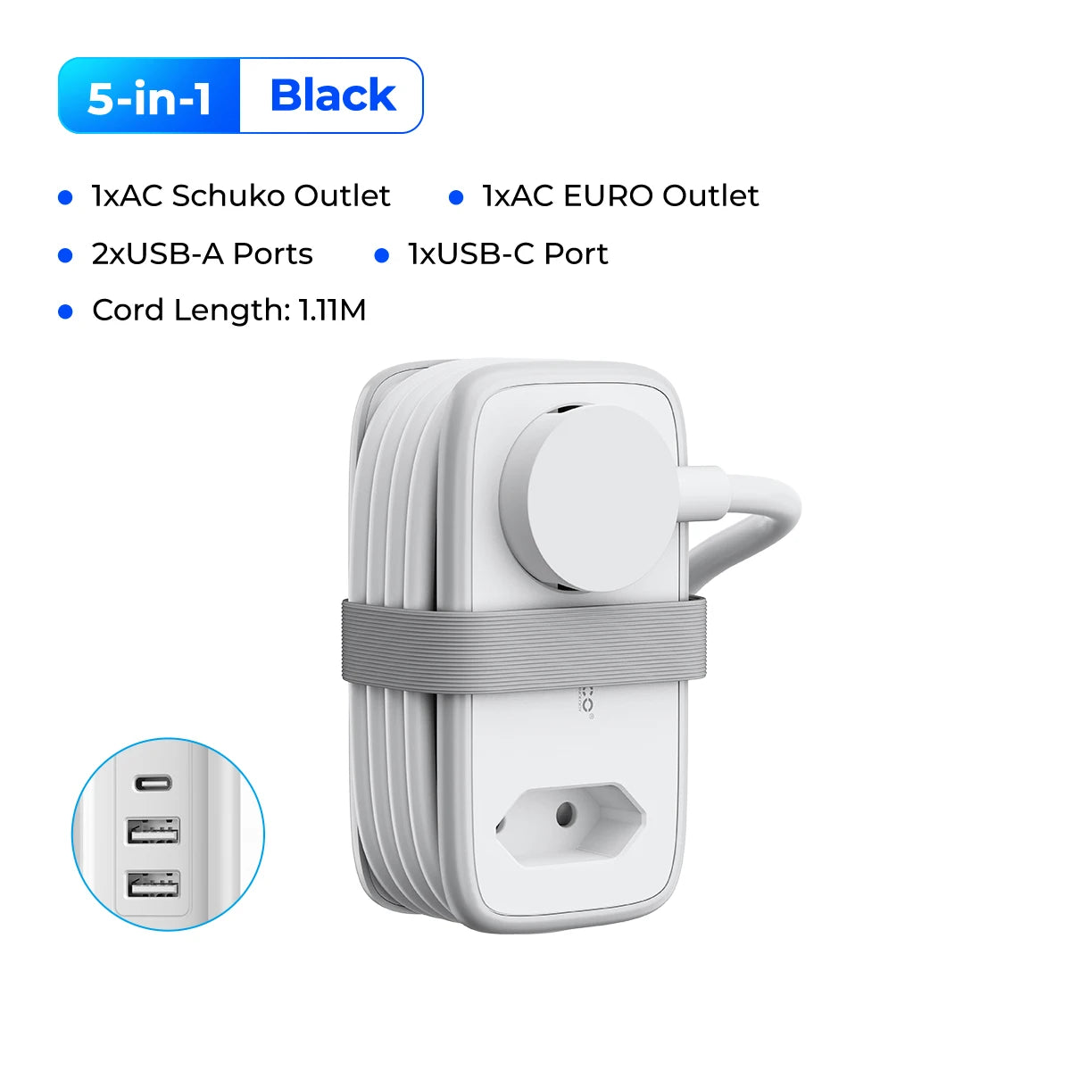 Multiprise 5-en-1 blanche avec ports USB-A, USB-C, prise Schuko et EURO, câble 1.11m