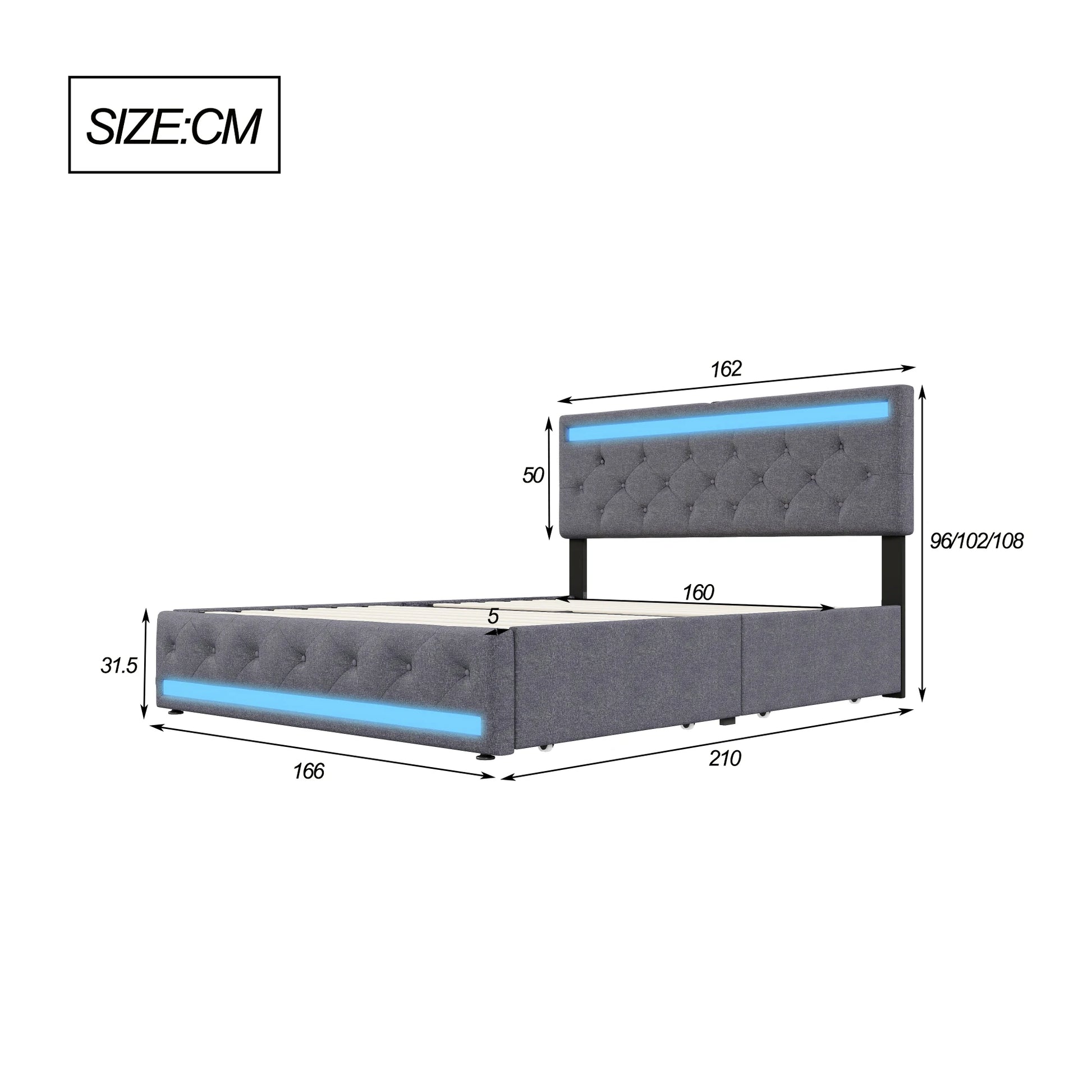 Lit design gris avec éclairage LED bleu, dimensions détaillées en cm, tête de lit capitonnée