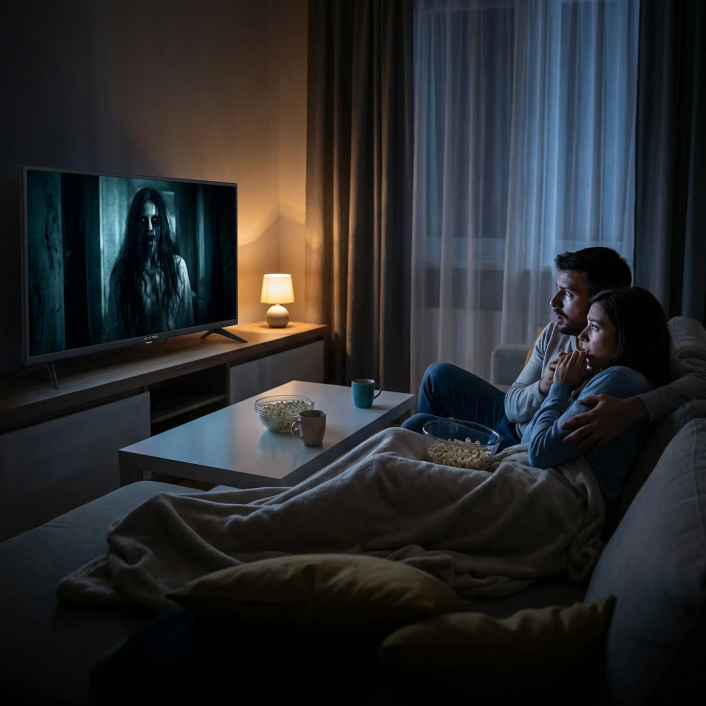 Couple regardant un film d'horreur sur TV LED dans un salon sombre, pop-corn et couverture