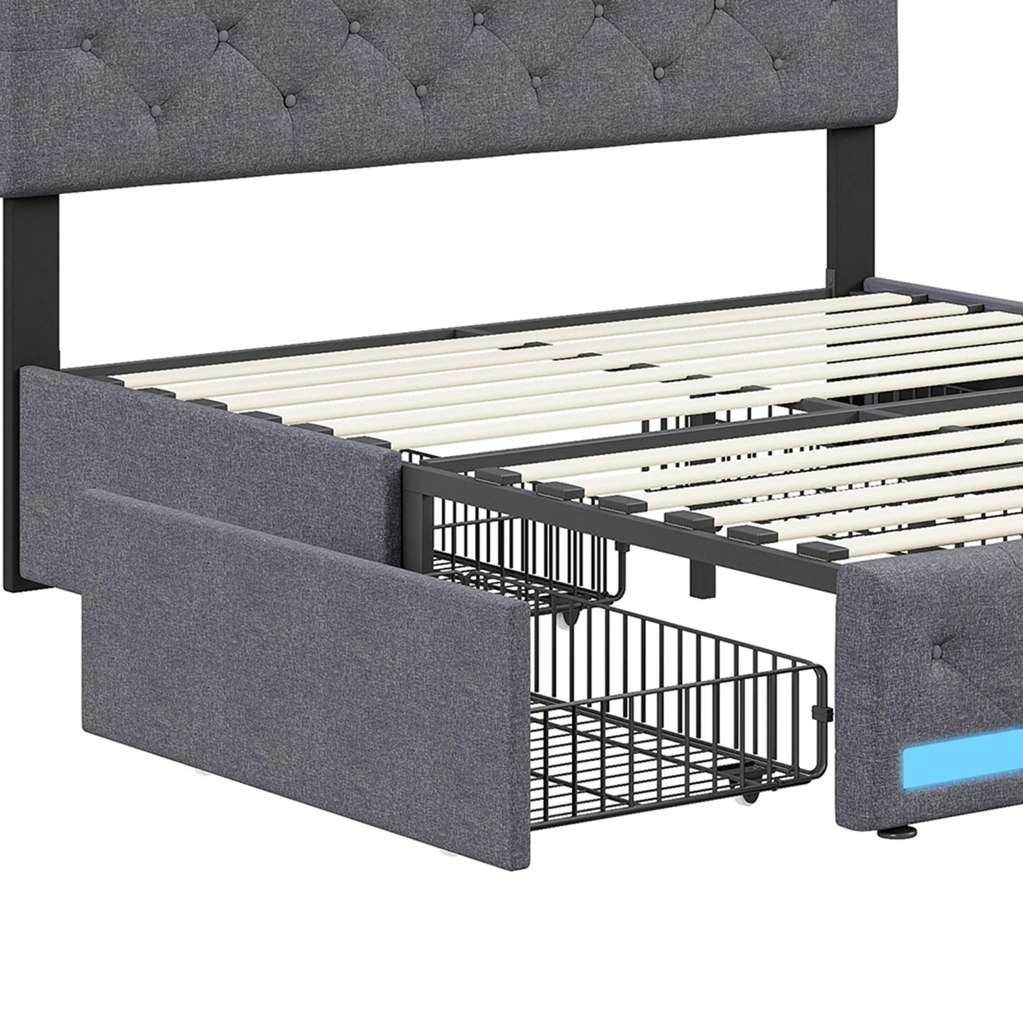 Cadre de lit gris avec tiroirs de rangement et éclairage LED intégré, structure métallique robuste
