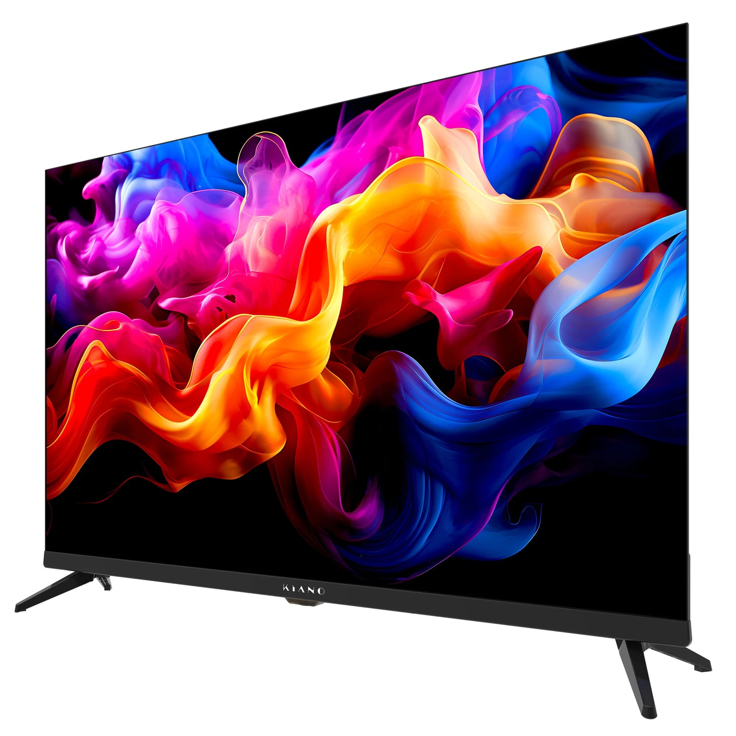 Téléviseur LED Kiano avec écran vibrant couleurs vives, design mince et pieds noirs, idéal pour divertissement high-tech