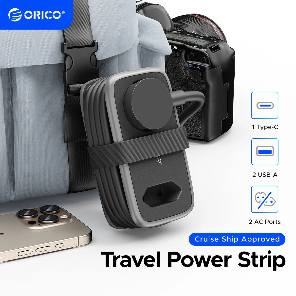 Rallonge électrique de voyage Orico avec ports USB-A, Type-C et prise secteur, approuvée pour croisière