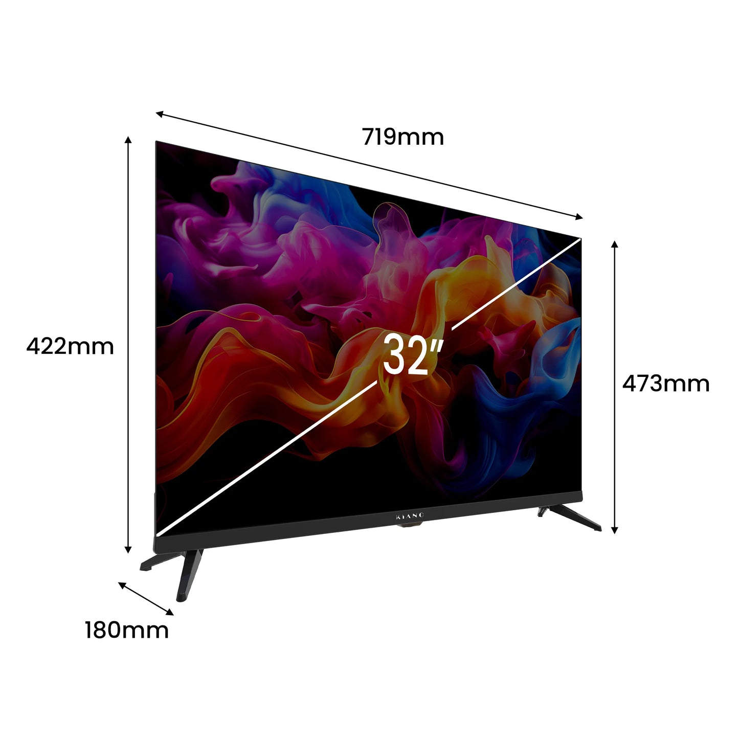 Téléviseur LED 32 pouces avec écran couleur vive, dimensions précises pour un design compact et moderne