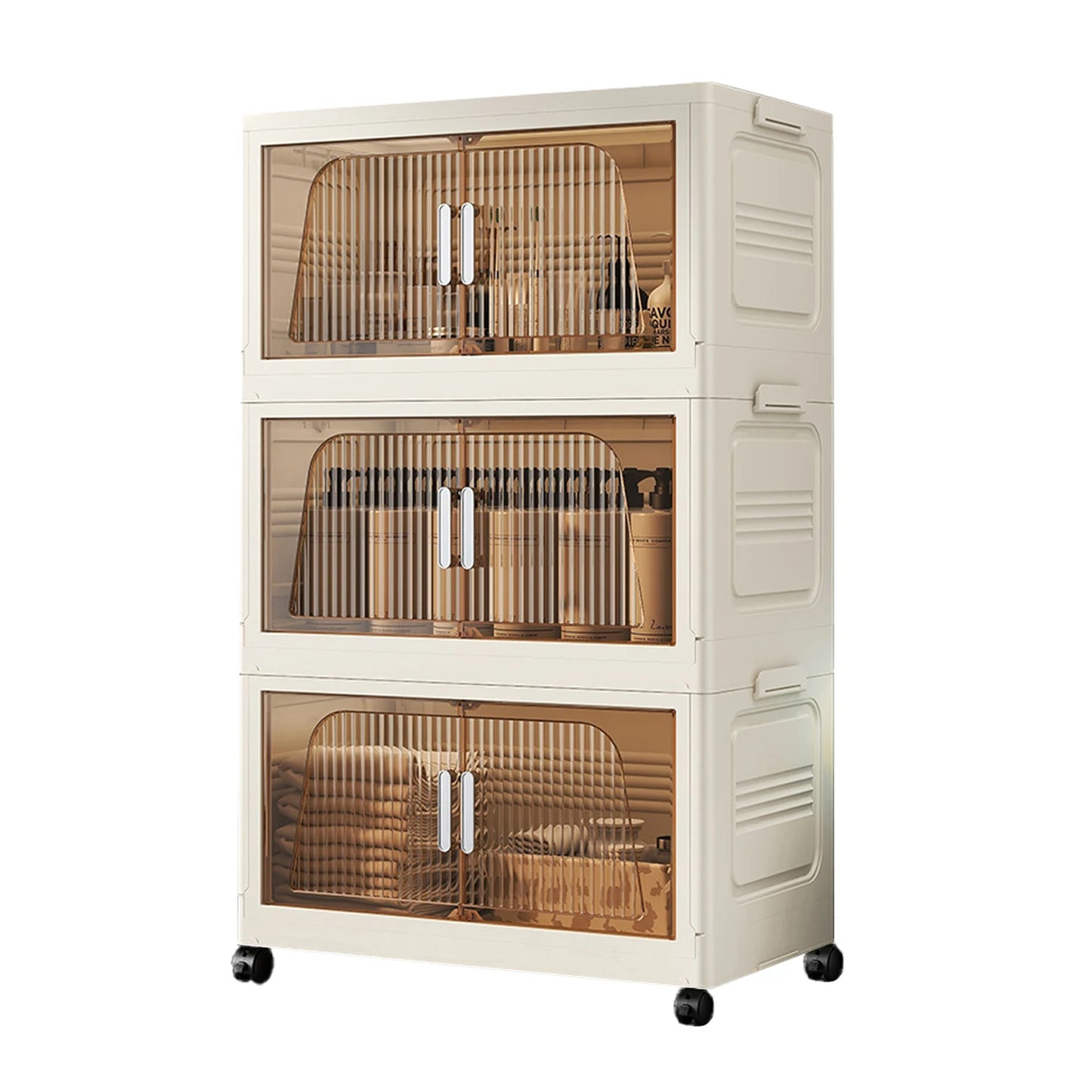 Armoire de rangement modulaire avec portes translucides et roulettes, idéale pour organisateur maison ou bureau