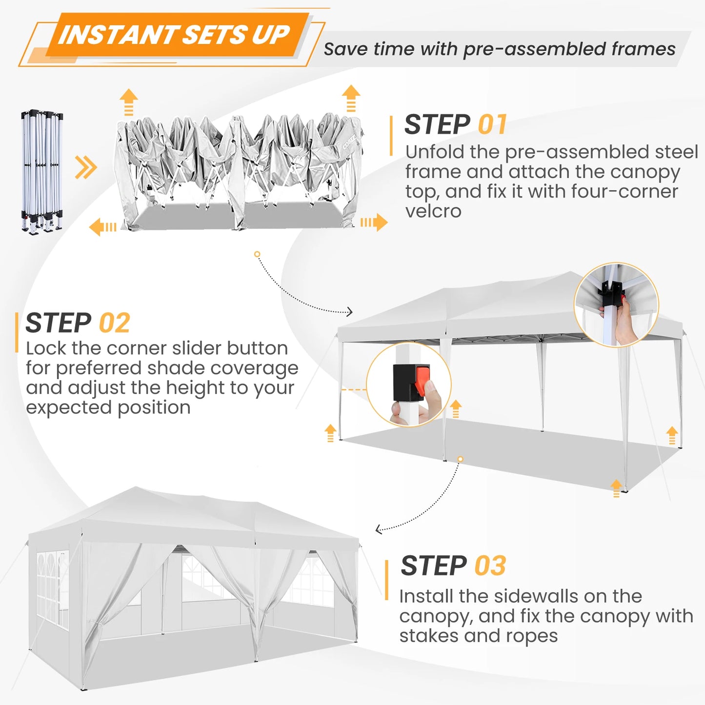 Tente d'auvent Pop-Up 10x20 avec 6 parois latérales, tente Pop-Up facile 10x20, abri instantané Commercial étanche UPF 50 + Portable