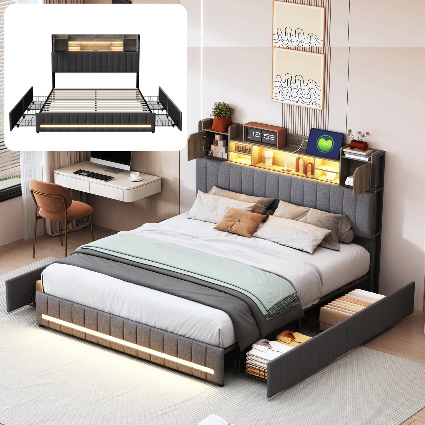 Lit moderne avec rangements intégrés, éclairage LED et tête de lit design pour chambre contemporaine