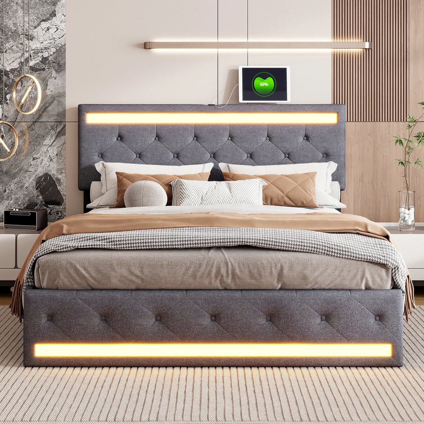Lit design moderne avec éclairage LED intégré et chargeur sans fil, ambiance chambre high-tech élégante