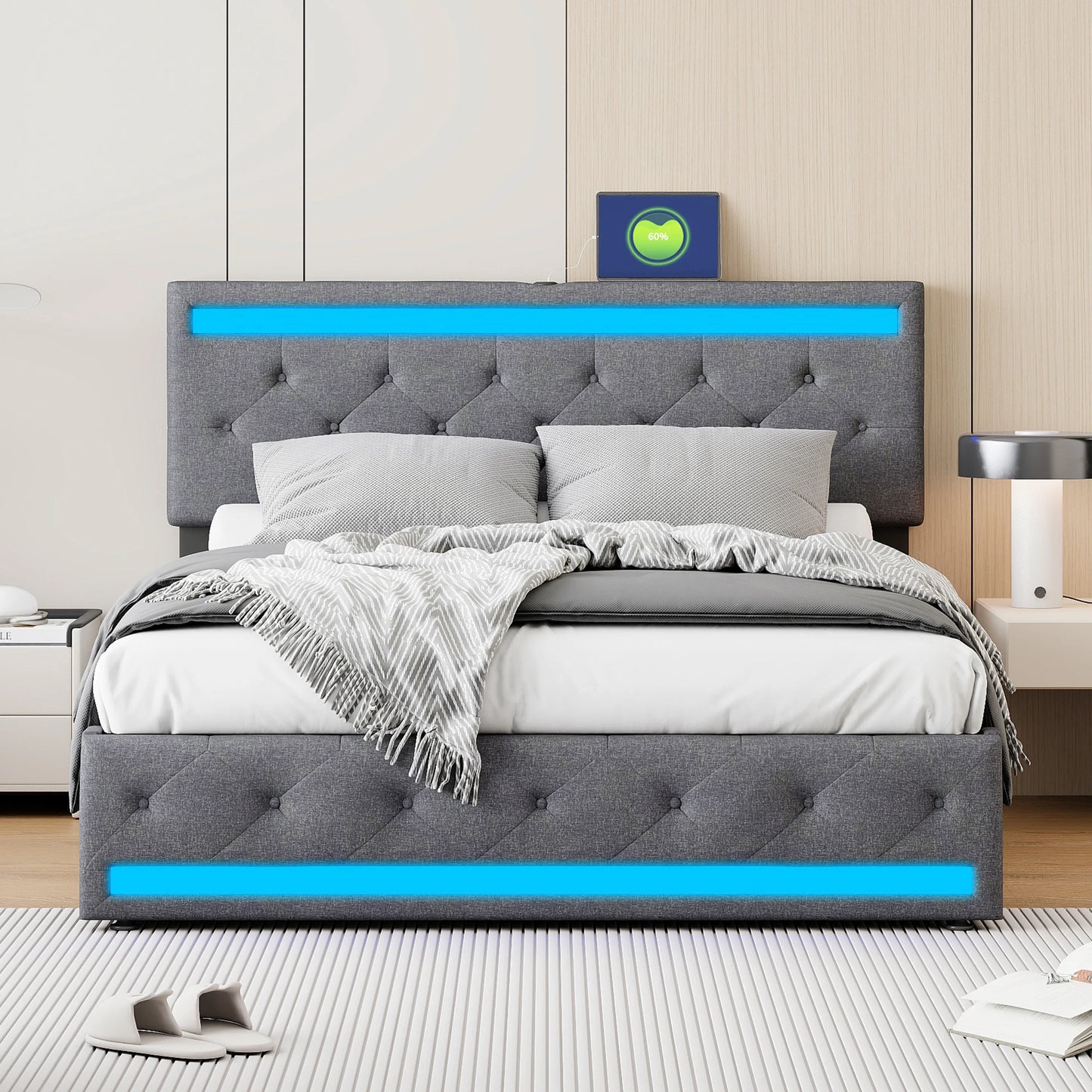 Lit moderne gris avec éclairage LED bleu, tête de lit capitonnée et chargeur sans fil intégré