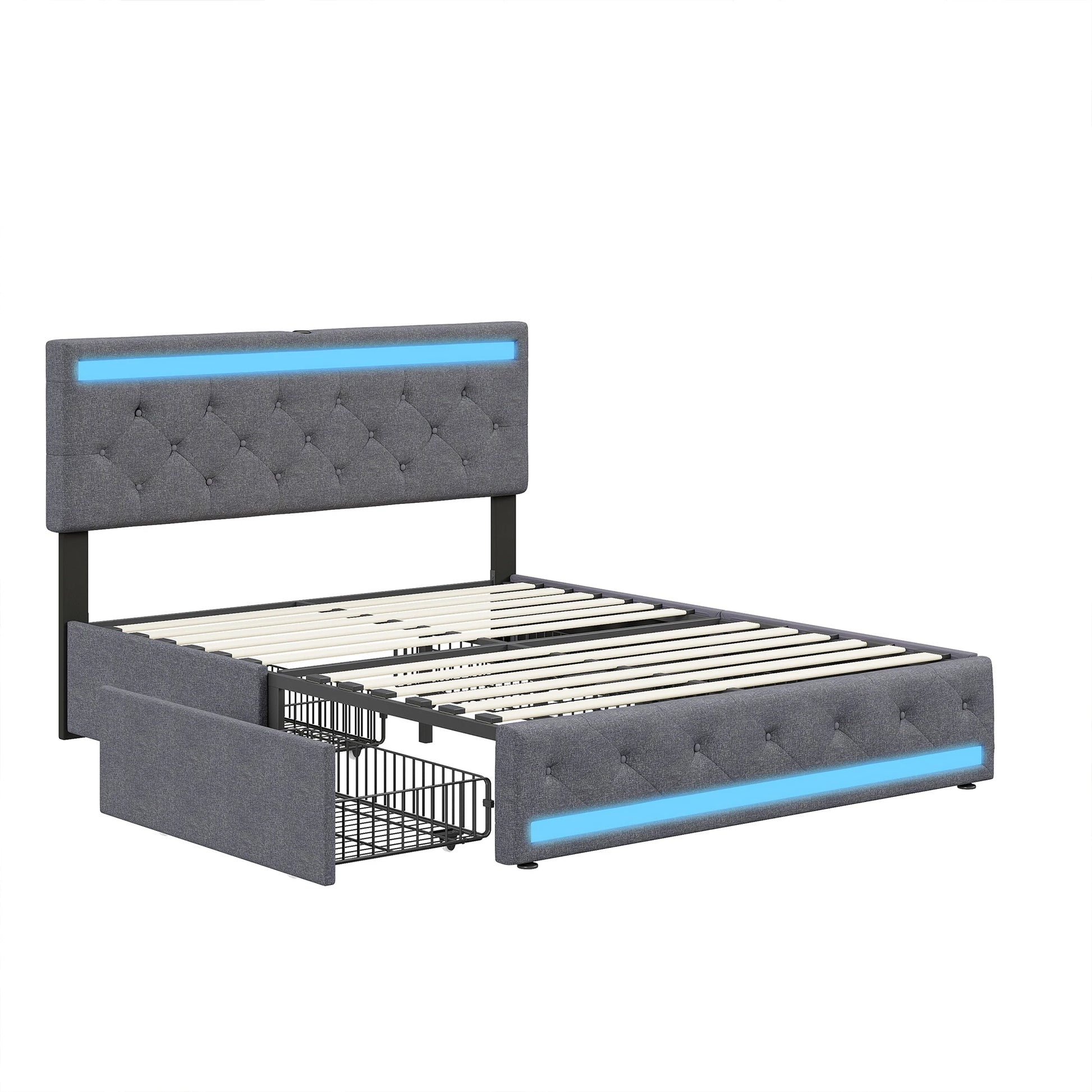 Lit avec tête de lit capitonnée grise, éclairage LED bleu et tiroirs de rangement intégrés